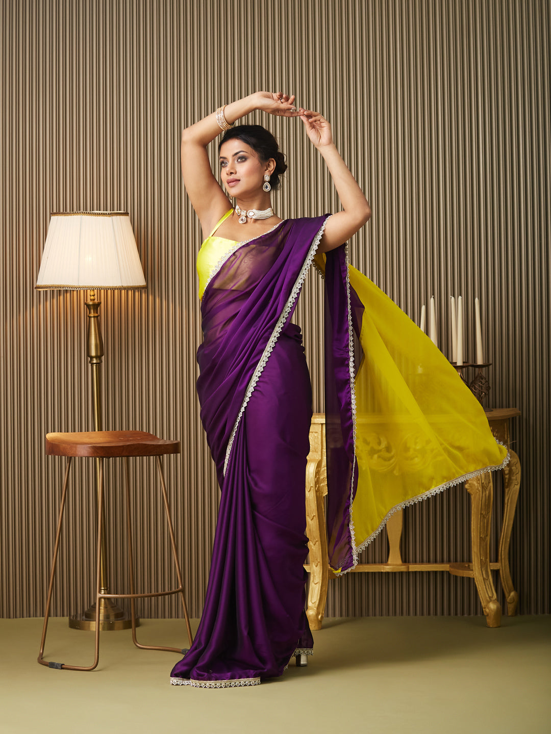 Purple Chiffon Mirrorwork Blocked Work Ceremonial Saree