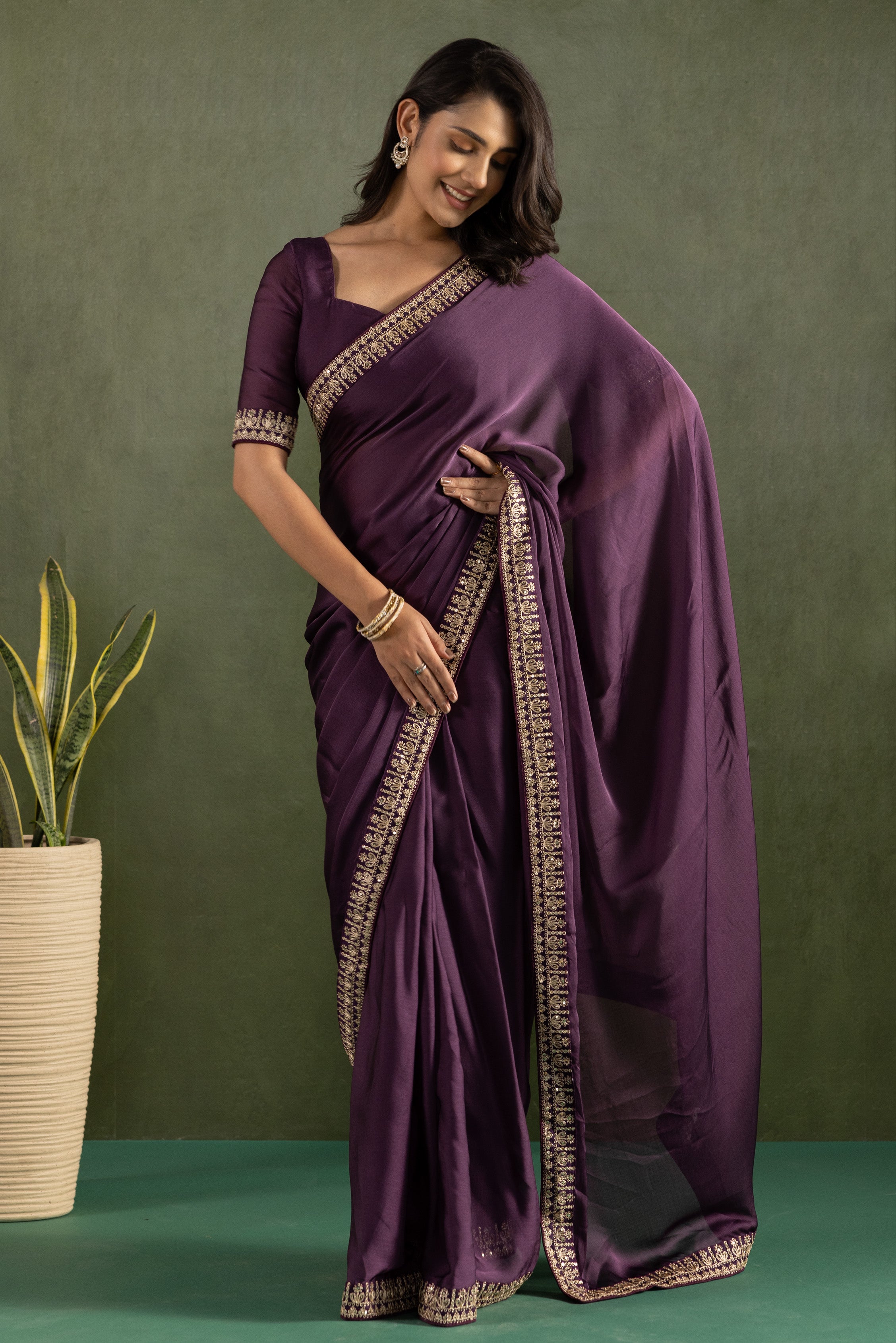 Purple Chiffon Ready To Wear Designer Solid Partywear Saree