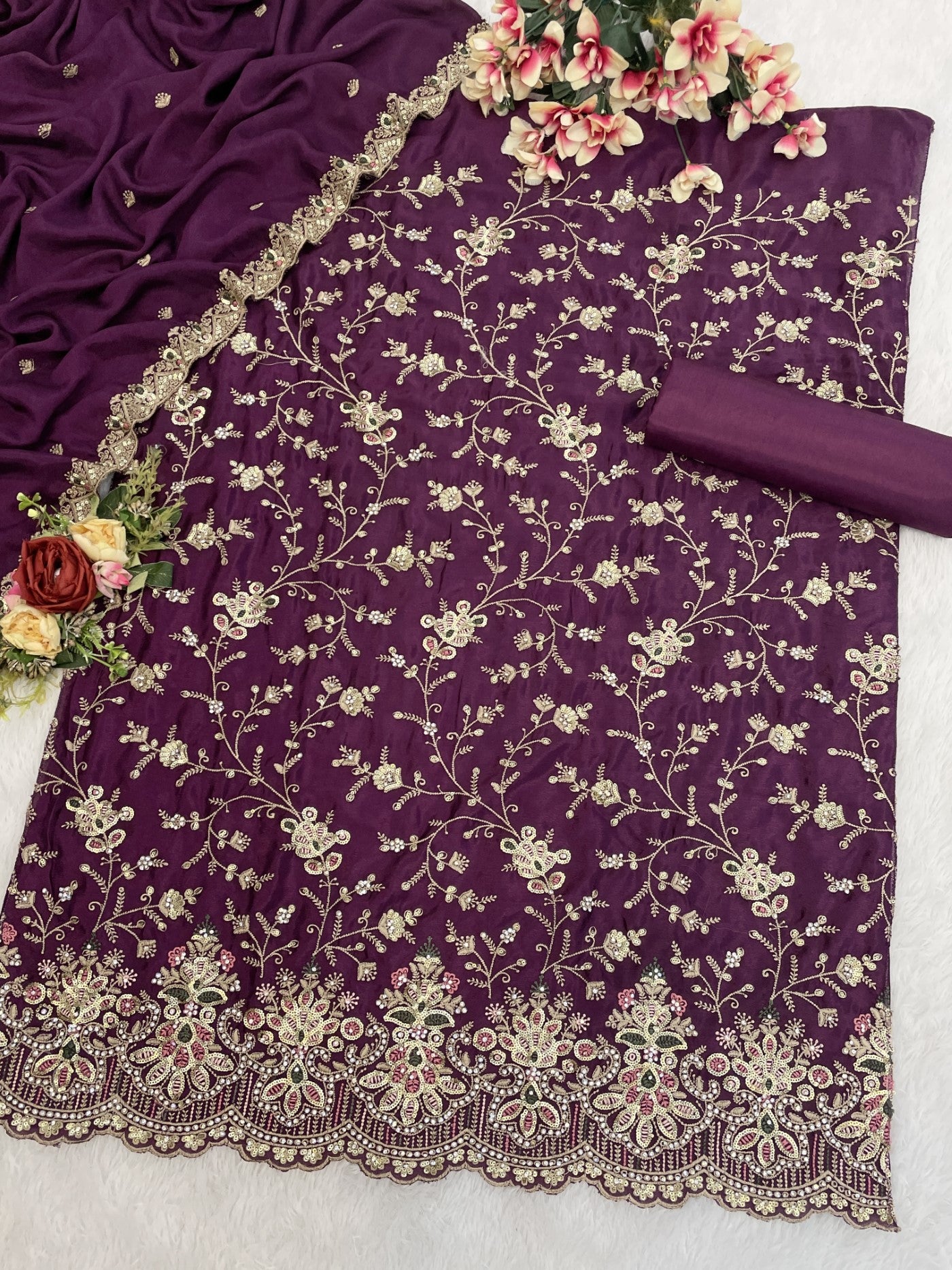 Purple Chinon Designer Suit Set With Elegant Embroidery