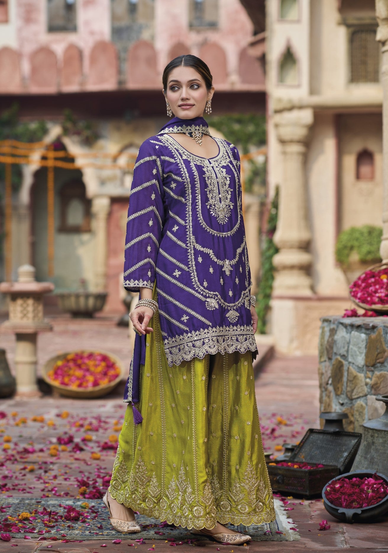Purple Chinon Designer Suit Set With Elegant Embroidery