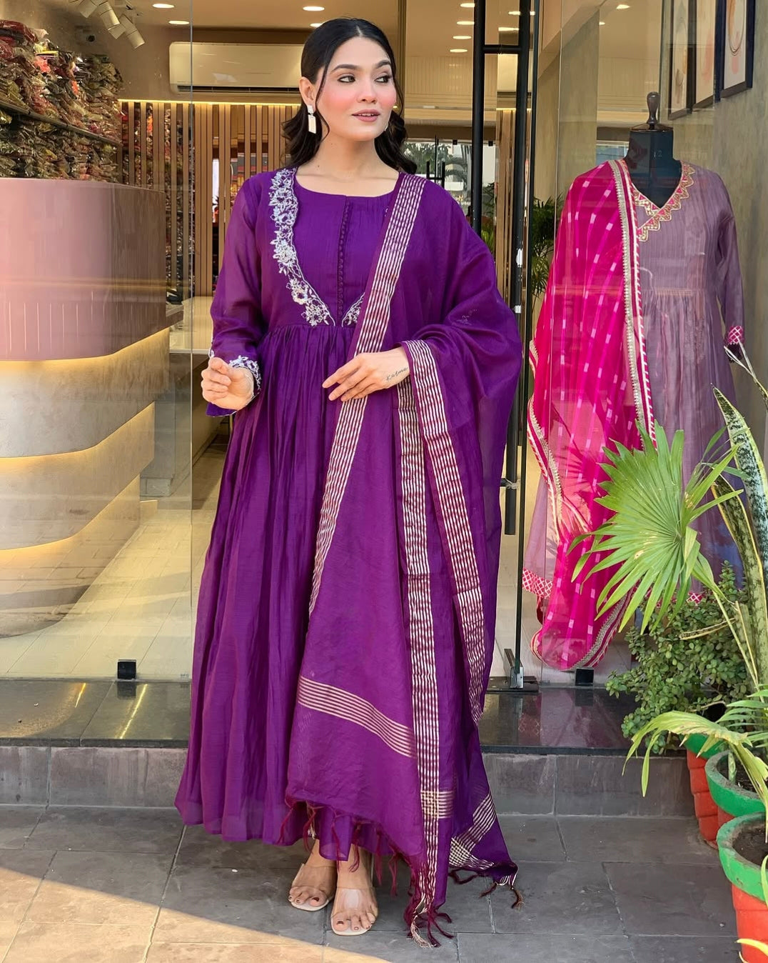 Purple Chinon Kurta Pant Set With Heavy Thread Embroidery Work