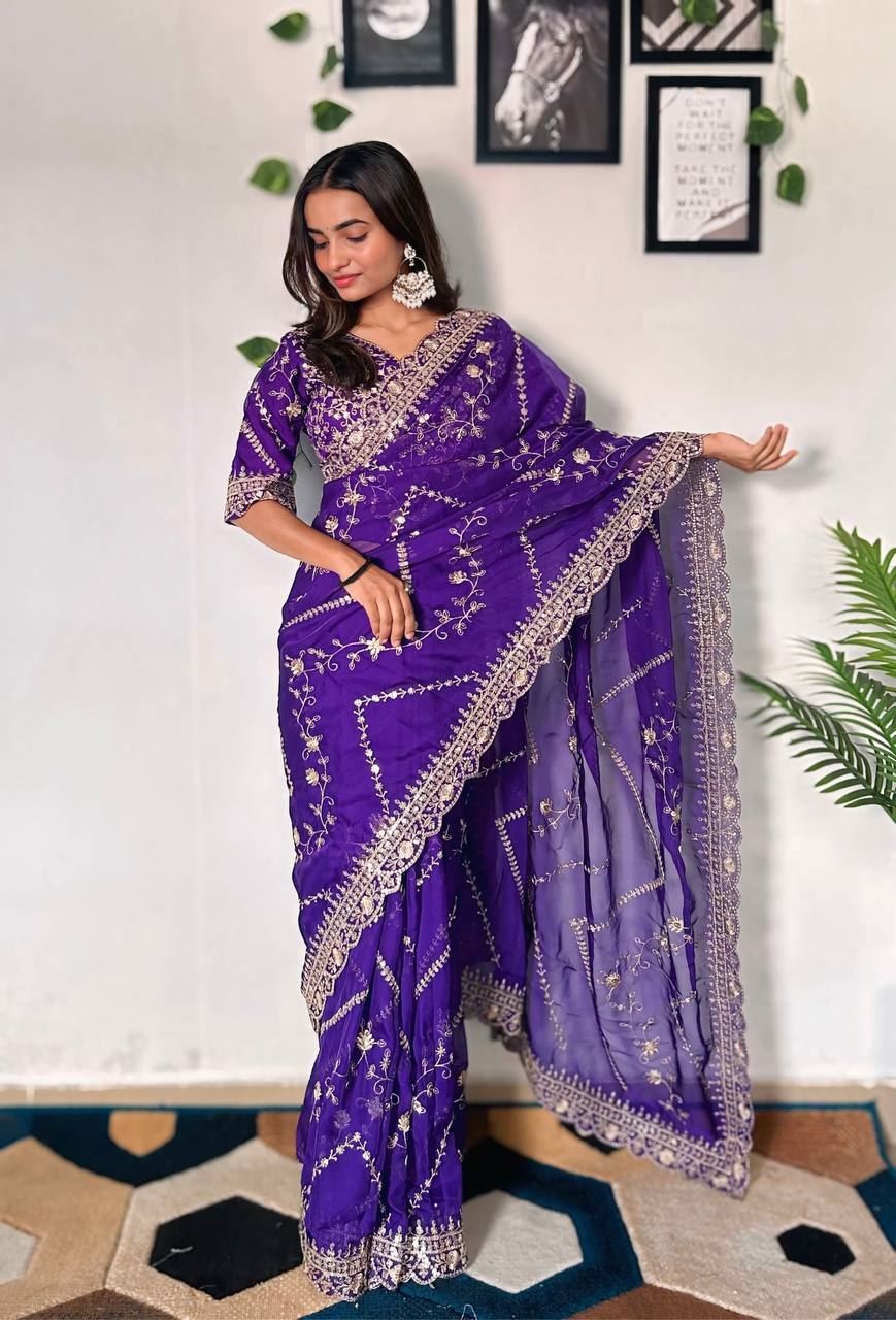 Purple Colour Taby Silk Embroidery Work Saree