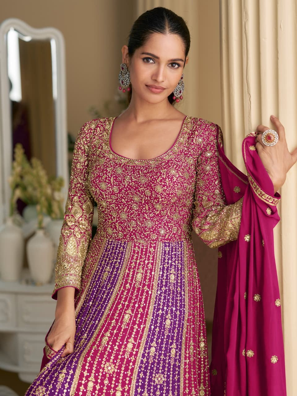 Purple Cotton Designer Suit Set With Elegant Work