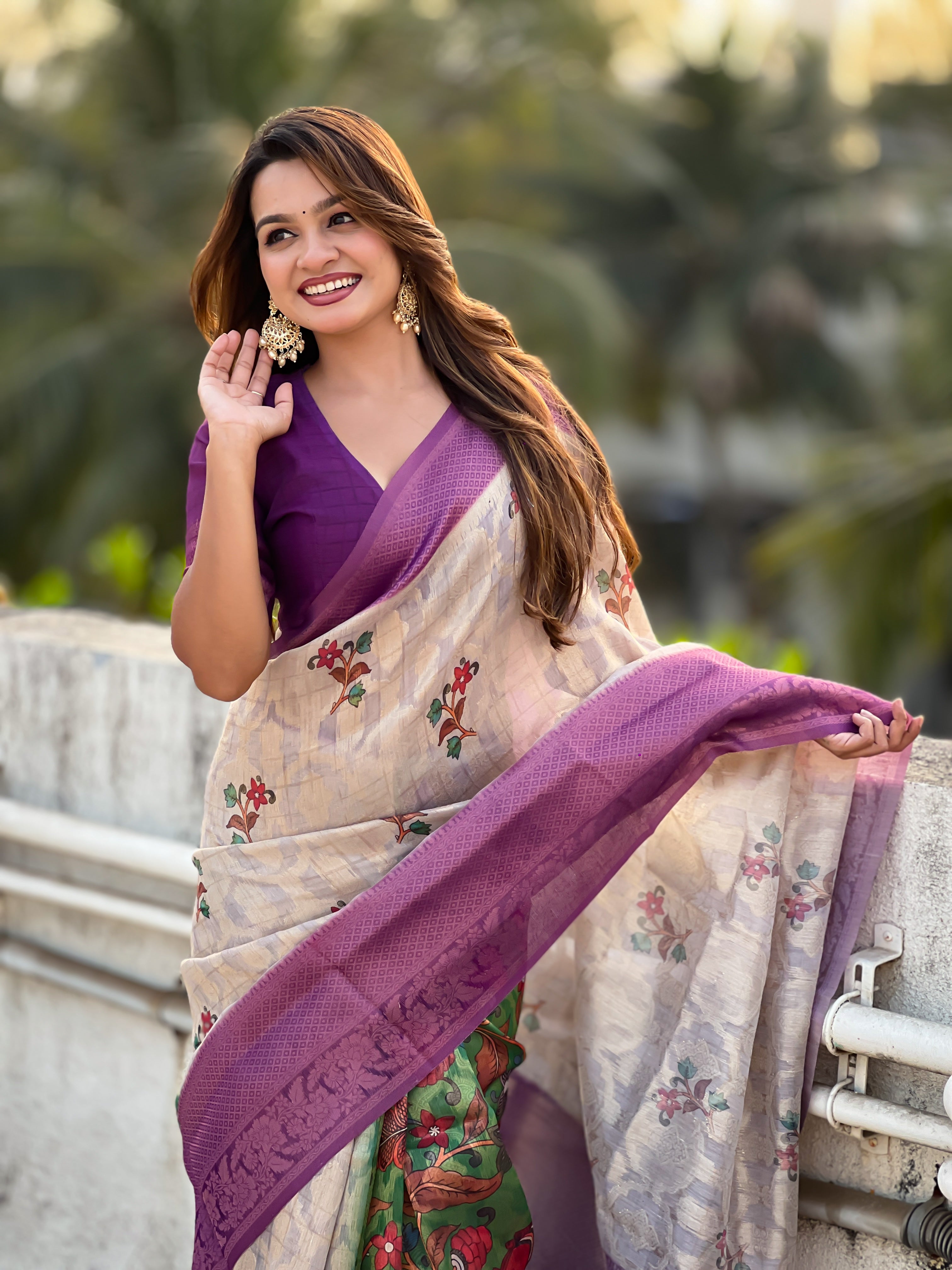 Purple Cotton Linen Woven Designer Saree With Printed Work
