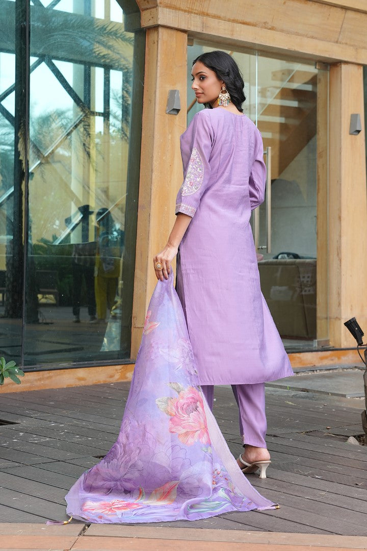 Purple Cotton Silk Designer Suit Set With Elegant Embroidery