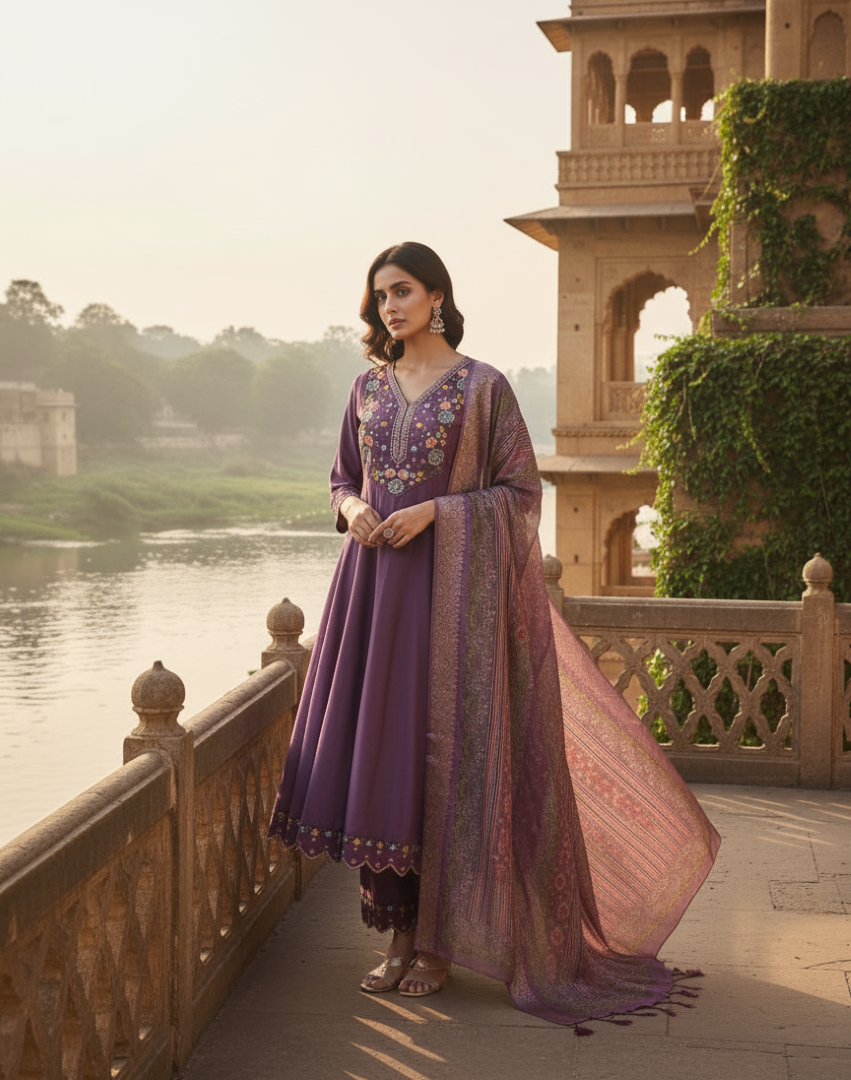 Purple Cotton Silk Designer Suit Set With Handcrafted Embroidery