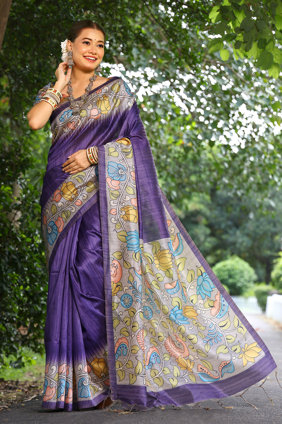 Purple Cotton Silk Saree with Solid Design and Printed Pallu