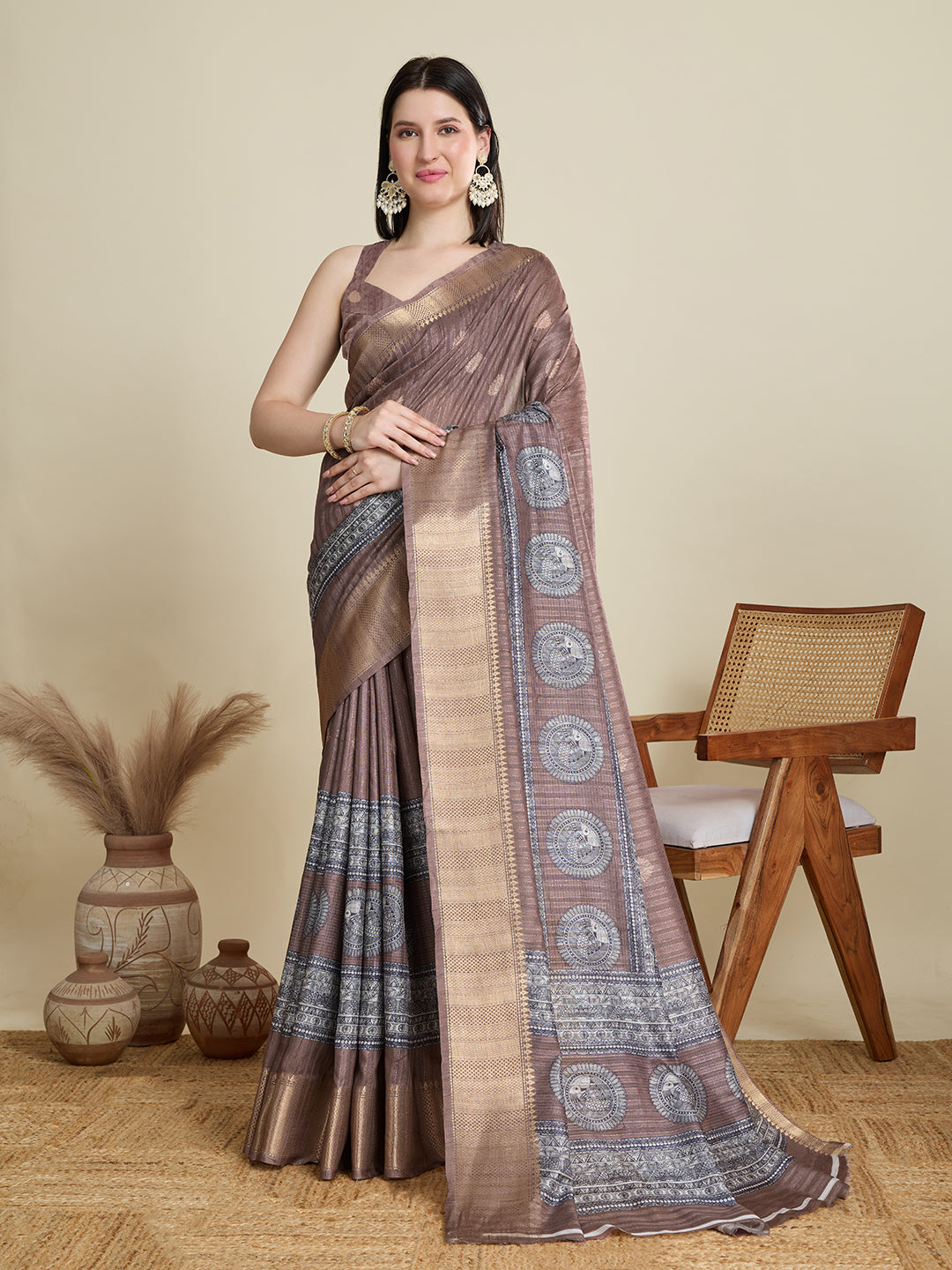 Purple Cotton Woven Border Designer And Printed Ceremonial Saree