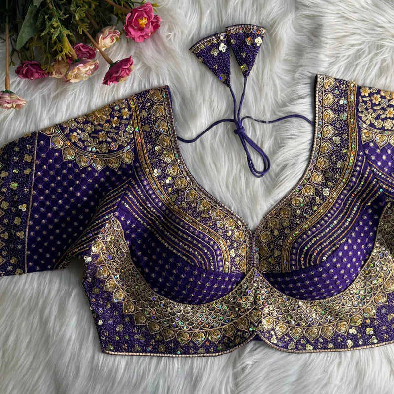 Purple Designer Bridal Blouse with Heavy Stars, Rainbow & Sequins Work  Roman Silk