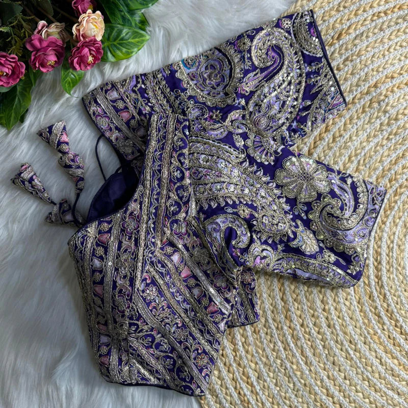 Purple Designer Partywear Crepe Blouse with Heavy Position Embroidery & Sequins Work