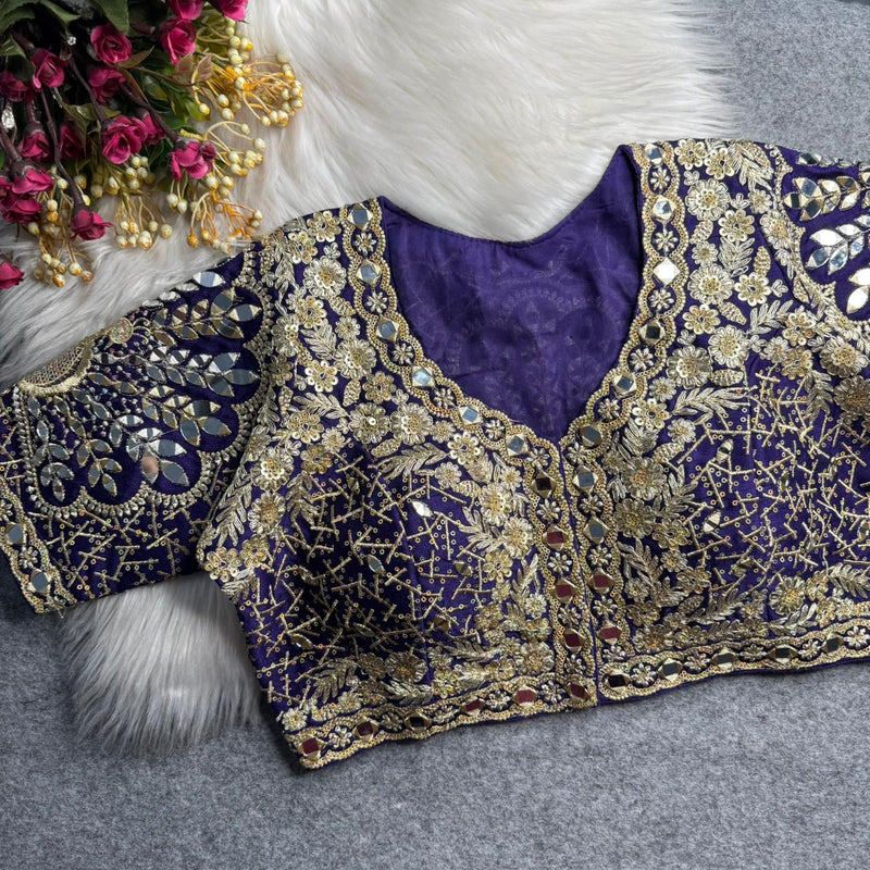 Purple Designer Roman Silk Bridal Blouse with Mayur Mirror Work & Sequence Thread Work, Embroidery & Sequins
