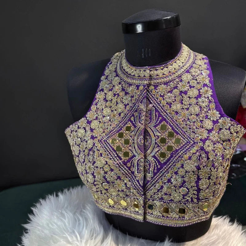 Purple Designer Roman Silk Halter Neck Blouse with Real Mirror Work