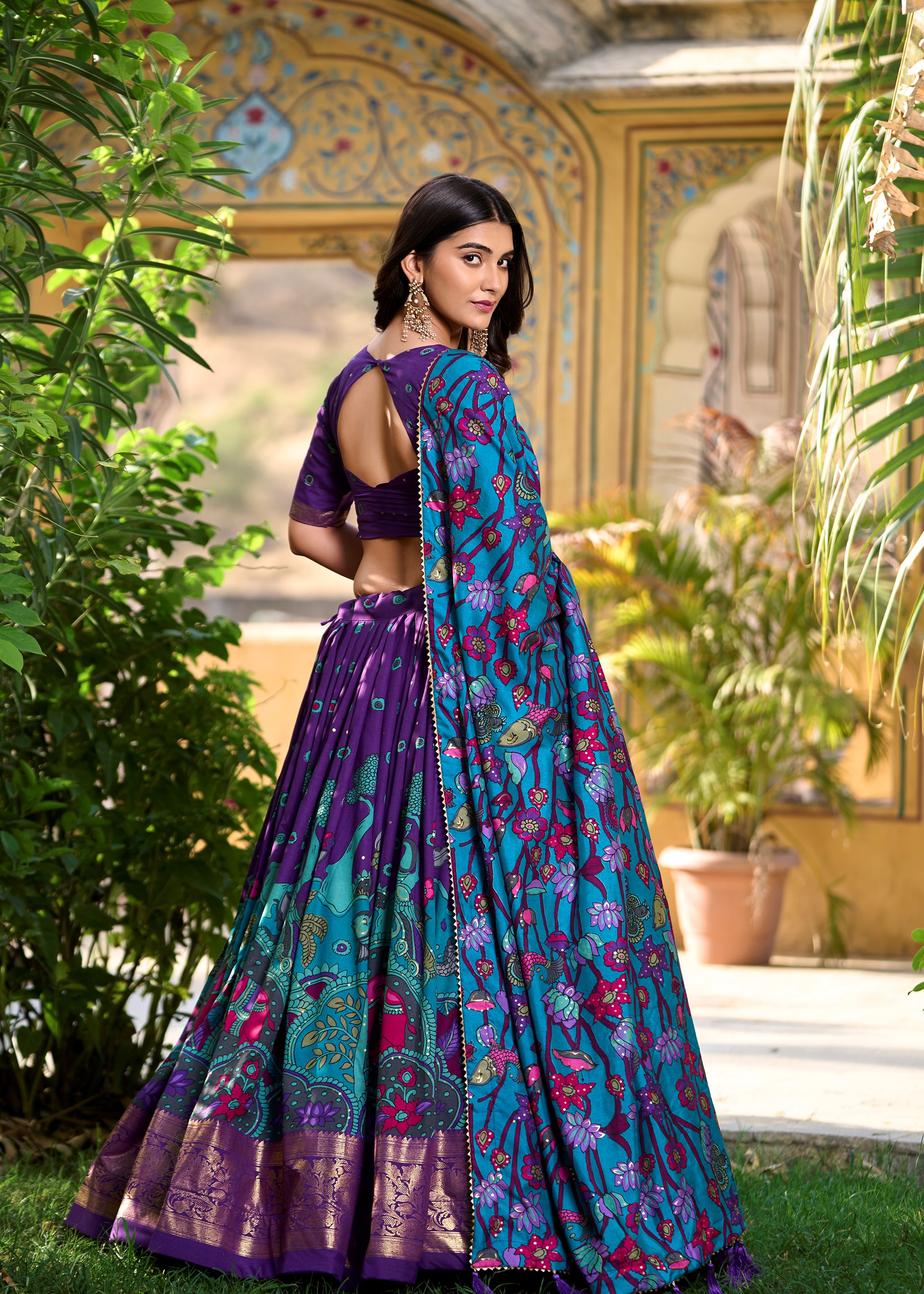 Purple Elegance-Tussar Silk Kalamkari Print Lehenga with Foil Work Finish
