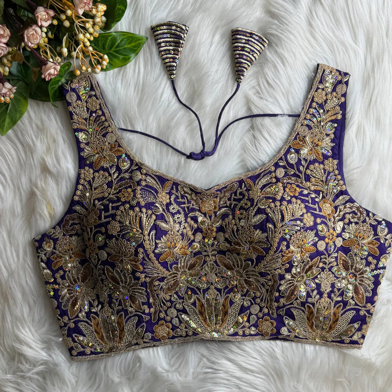Purple Elegant Roman Silk Bridal Blouse with Heavy Stars & Rainbow Work