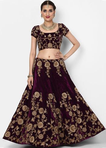 Purple Embroidered Velvet Bridal Lehenga Choli With Baby Pink Dupatta