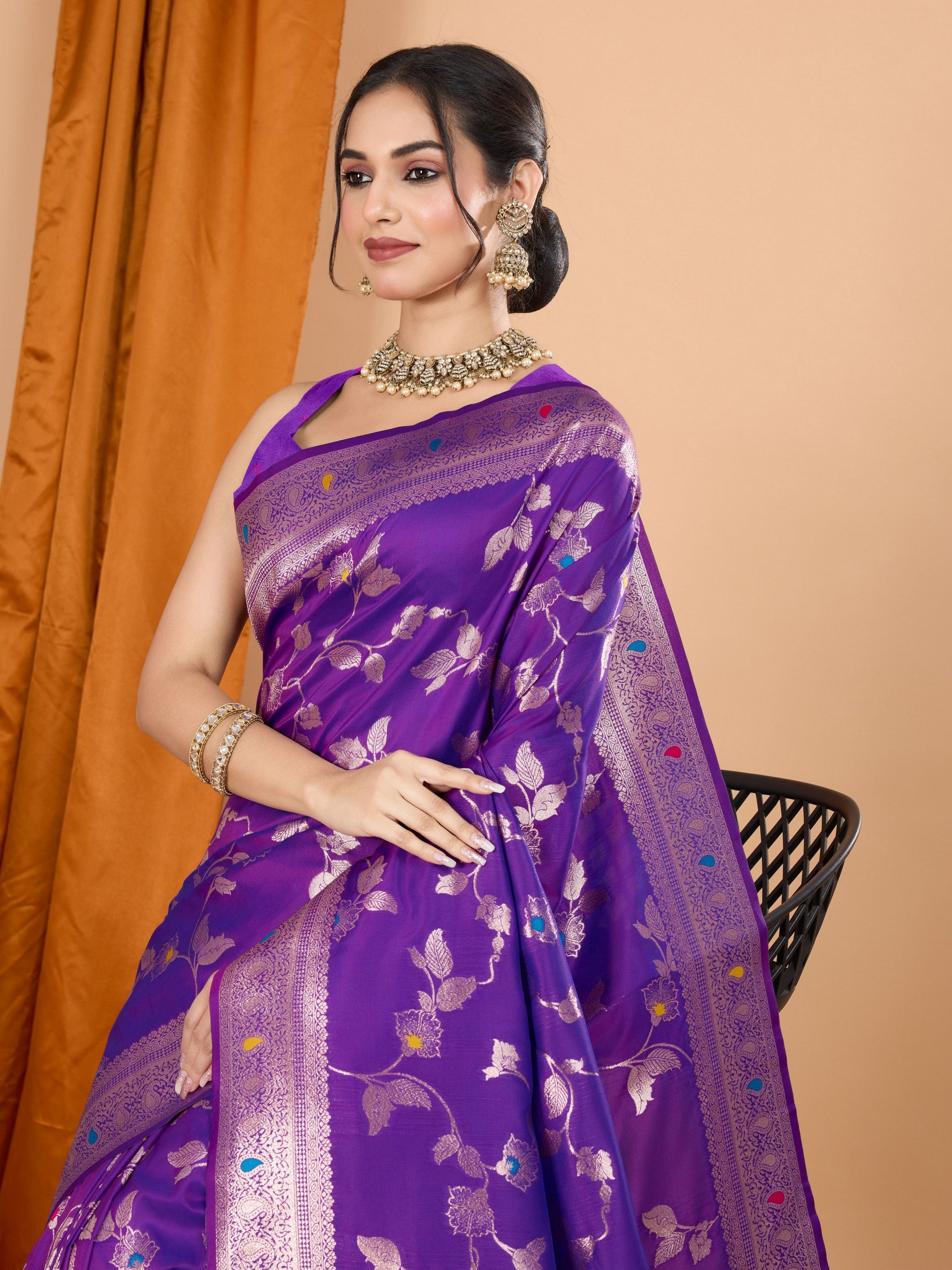 Purple Ethnic Banarasi Silk Saree With Woven Jari Designer Work