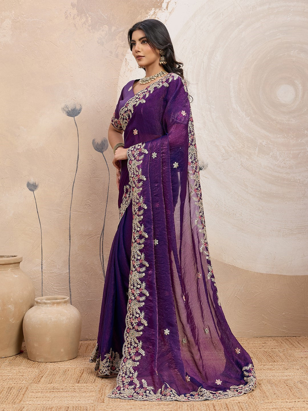 Purple Fendy Chiffon Saree With Embroidery Designer Festive Saree