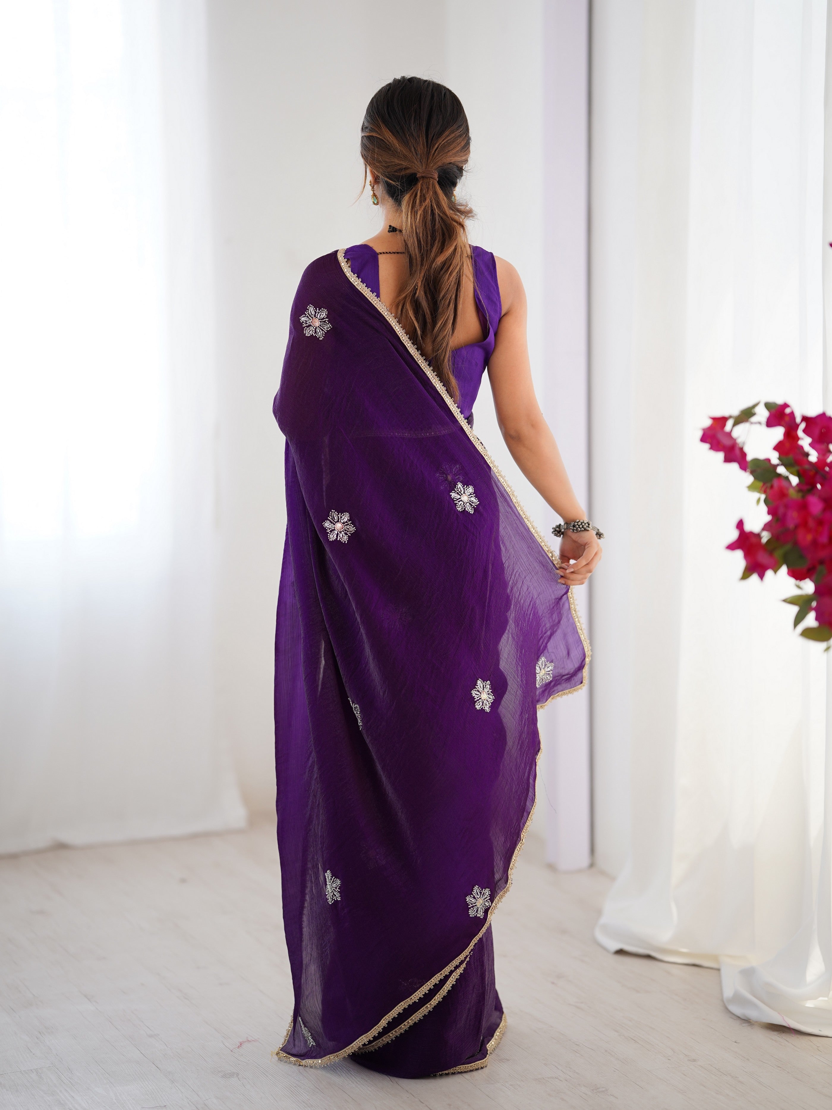 Purple Fendy Designer Beads Moti And Val Sequance Work Partywear Saree