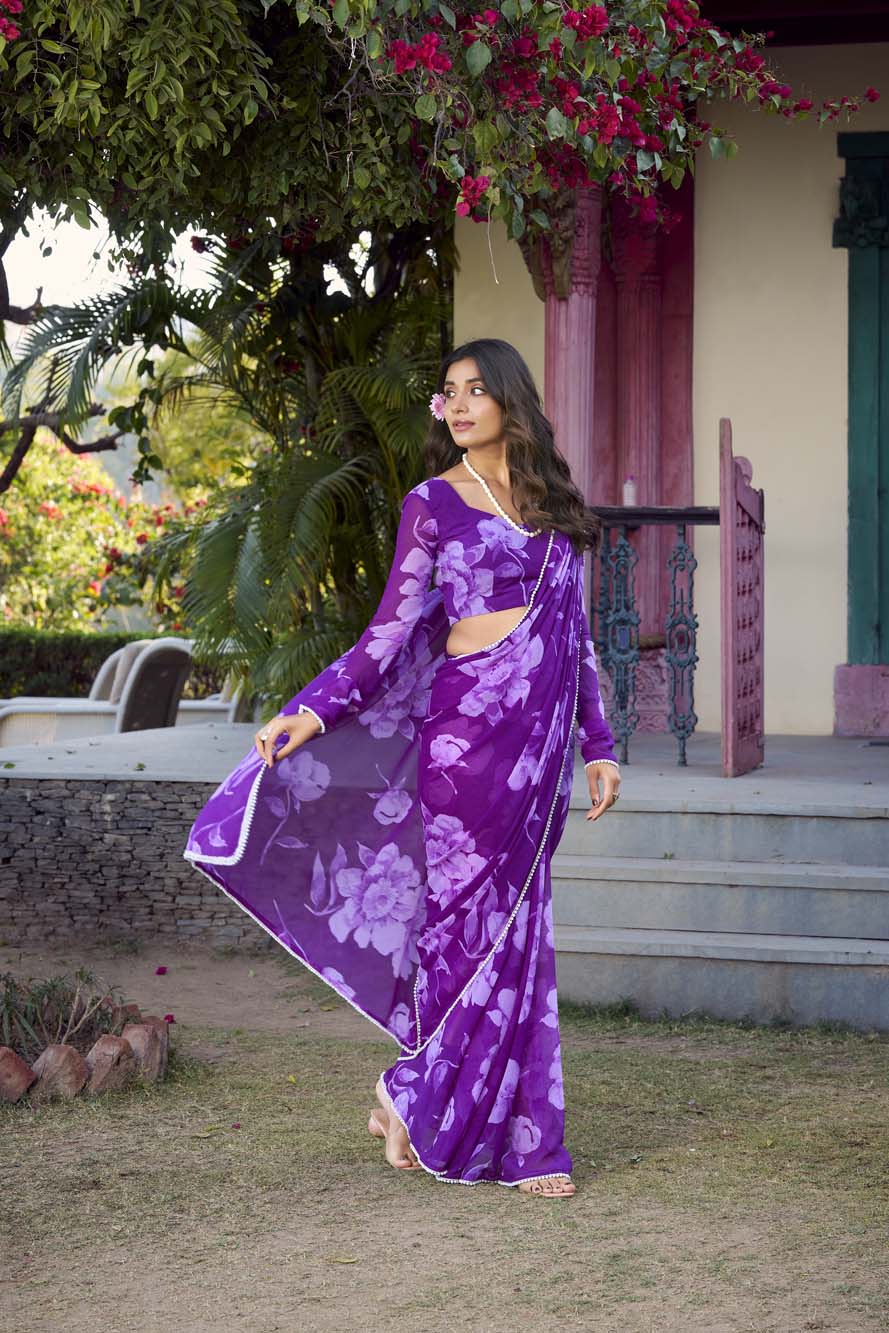 Purple Floral Printed Chiffon Saree with Pearl Lace Magic