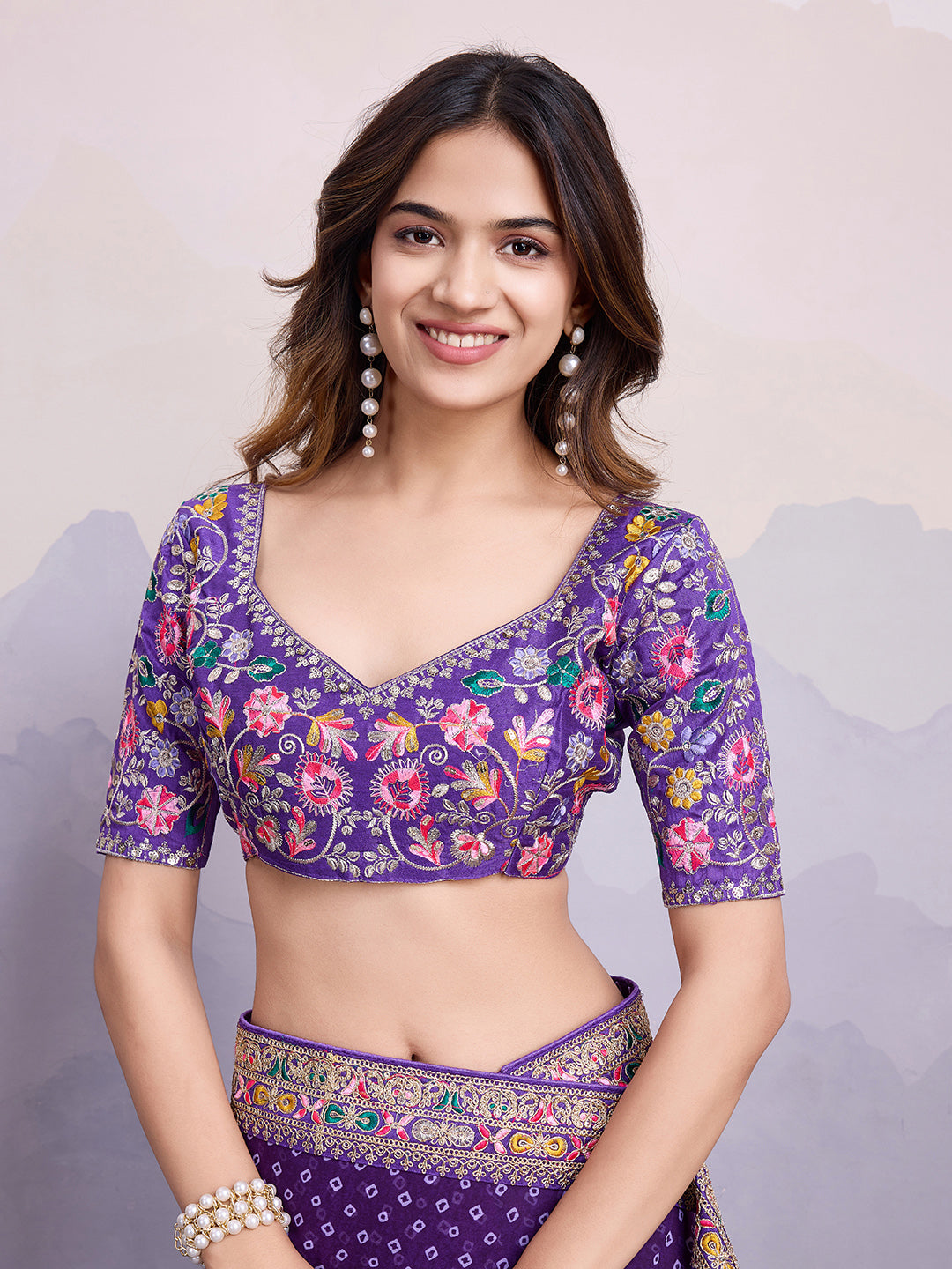 Purple Georgette Designer Partywear Bandhej Saree