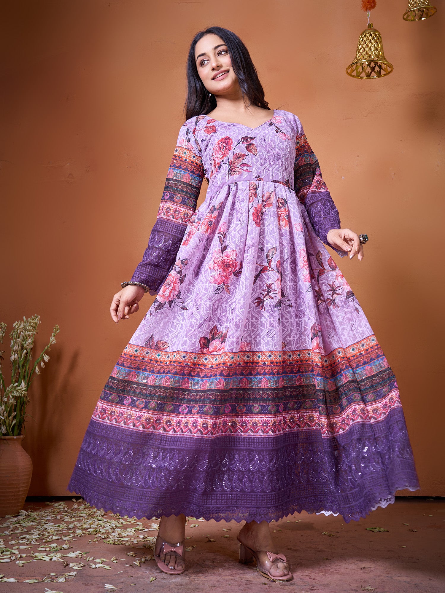 Purple Georgette Designer Suit Set With Embroidered & Printed Artistry