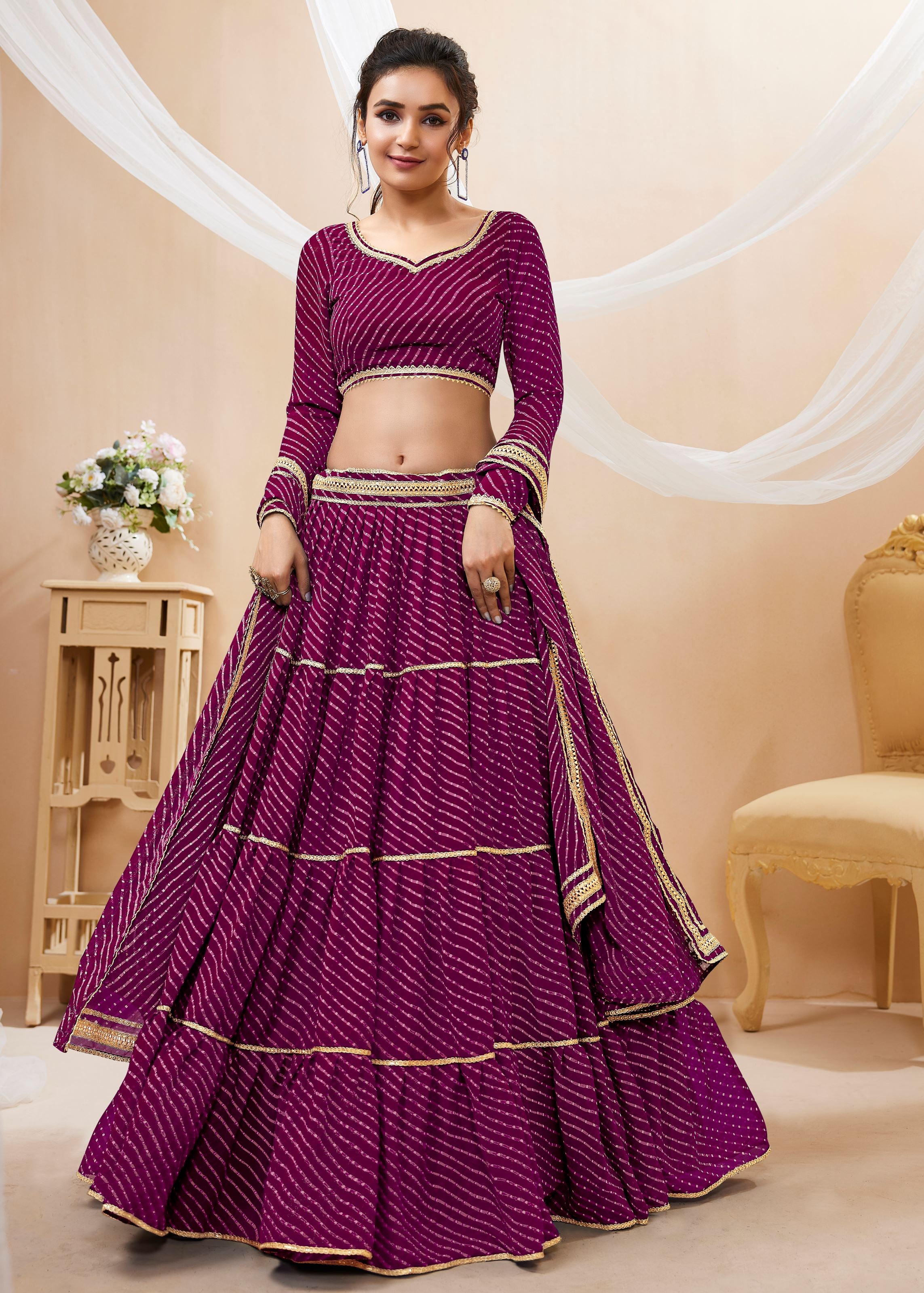 Purple  Georgette Lehenga Choli With Georgette Leheriya Printed with lace all over work