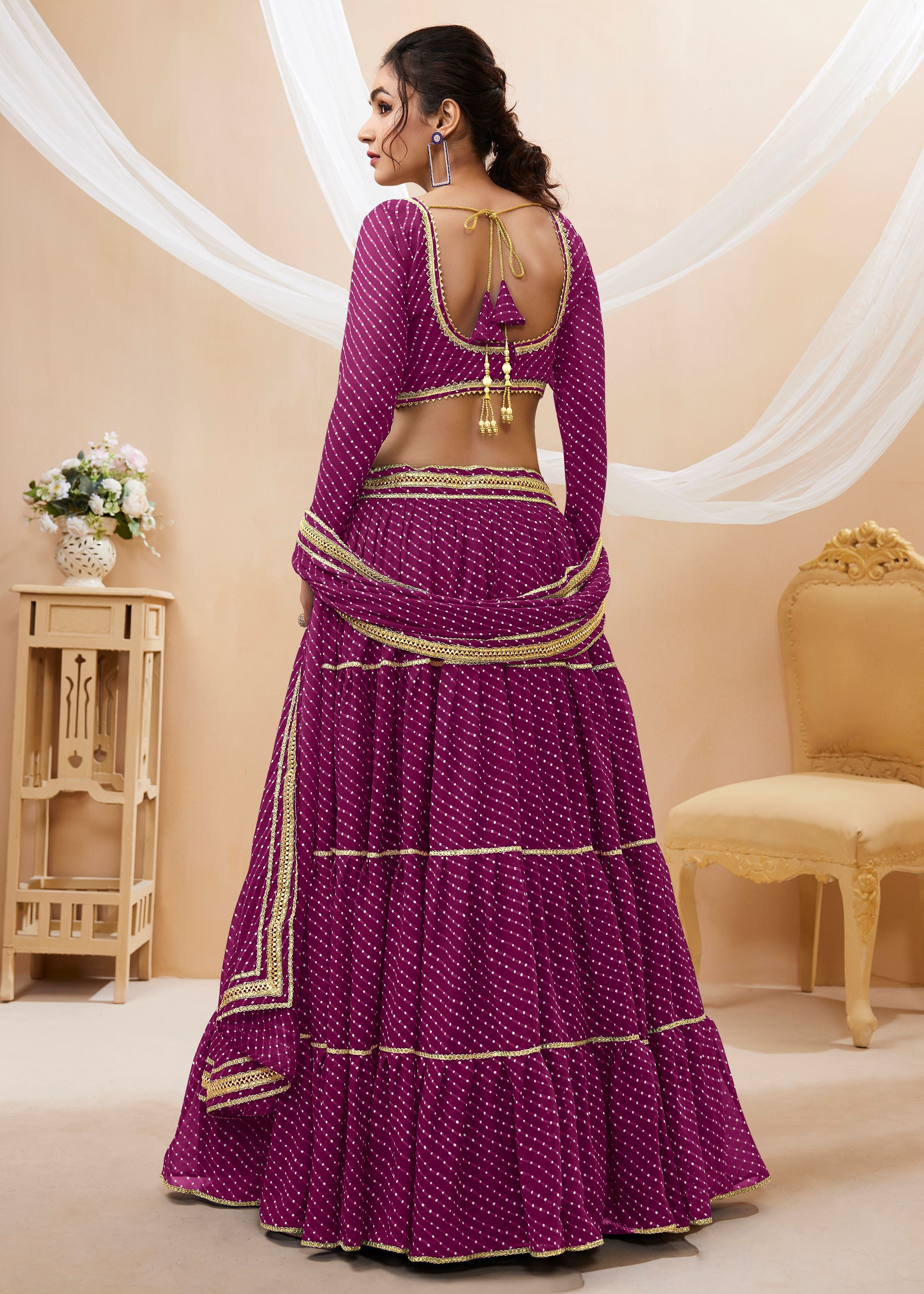 Purple  Georgette Lehenga Choli With Georgette Leheriya Printed with lace all over work