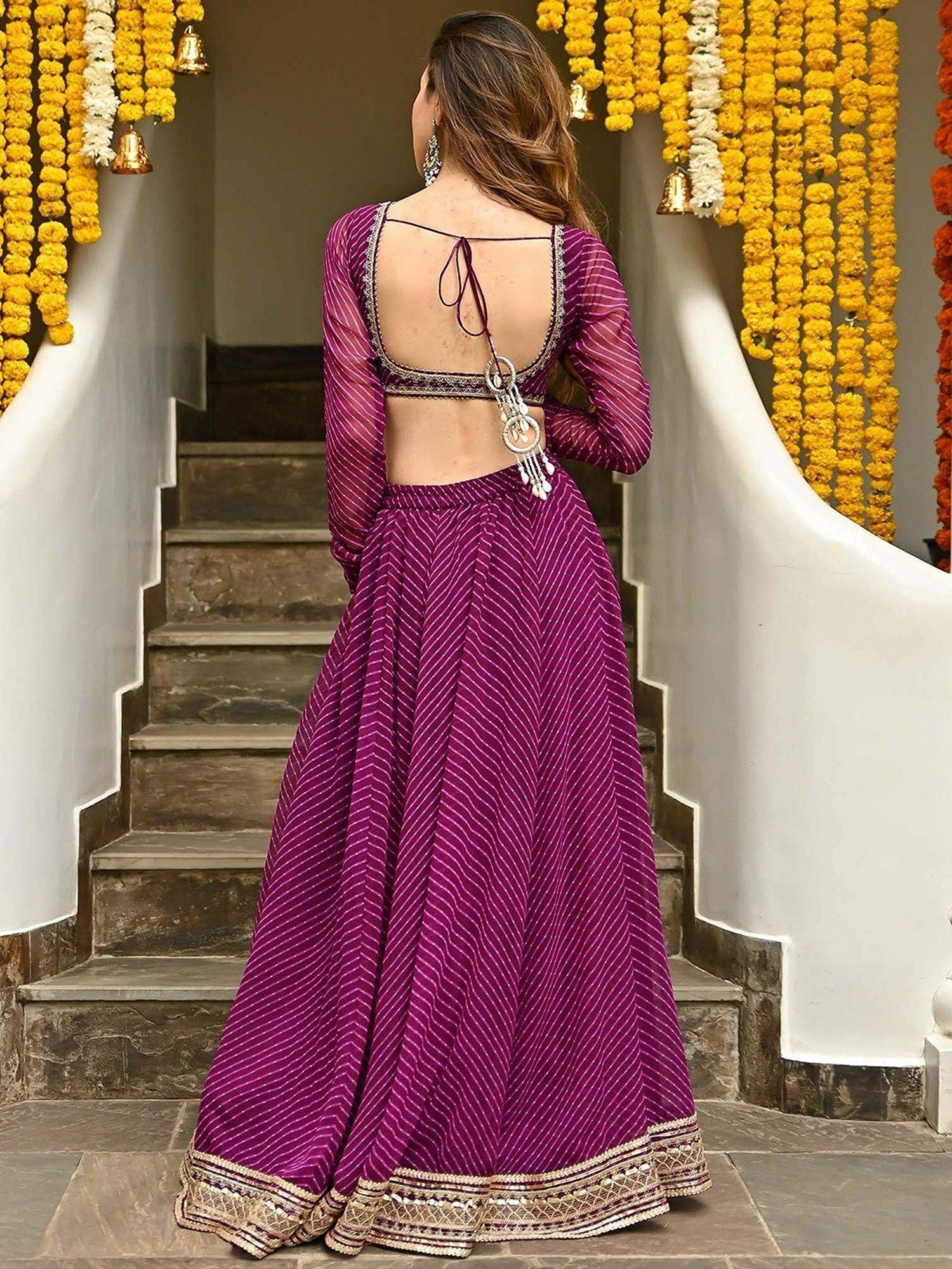 Purple Georgette Lehenga Choli With Zari,Cording Lace work and Leheriya Print