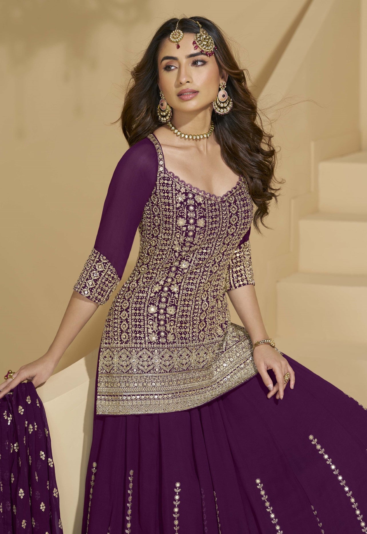 Purple Georgette Lehenga Set With Seroski Sequin Work