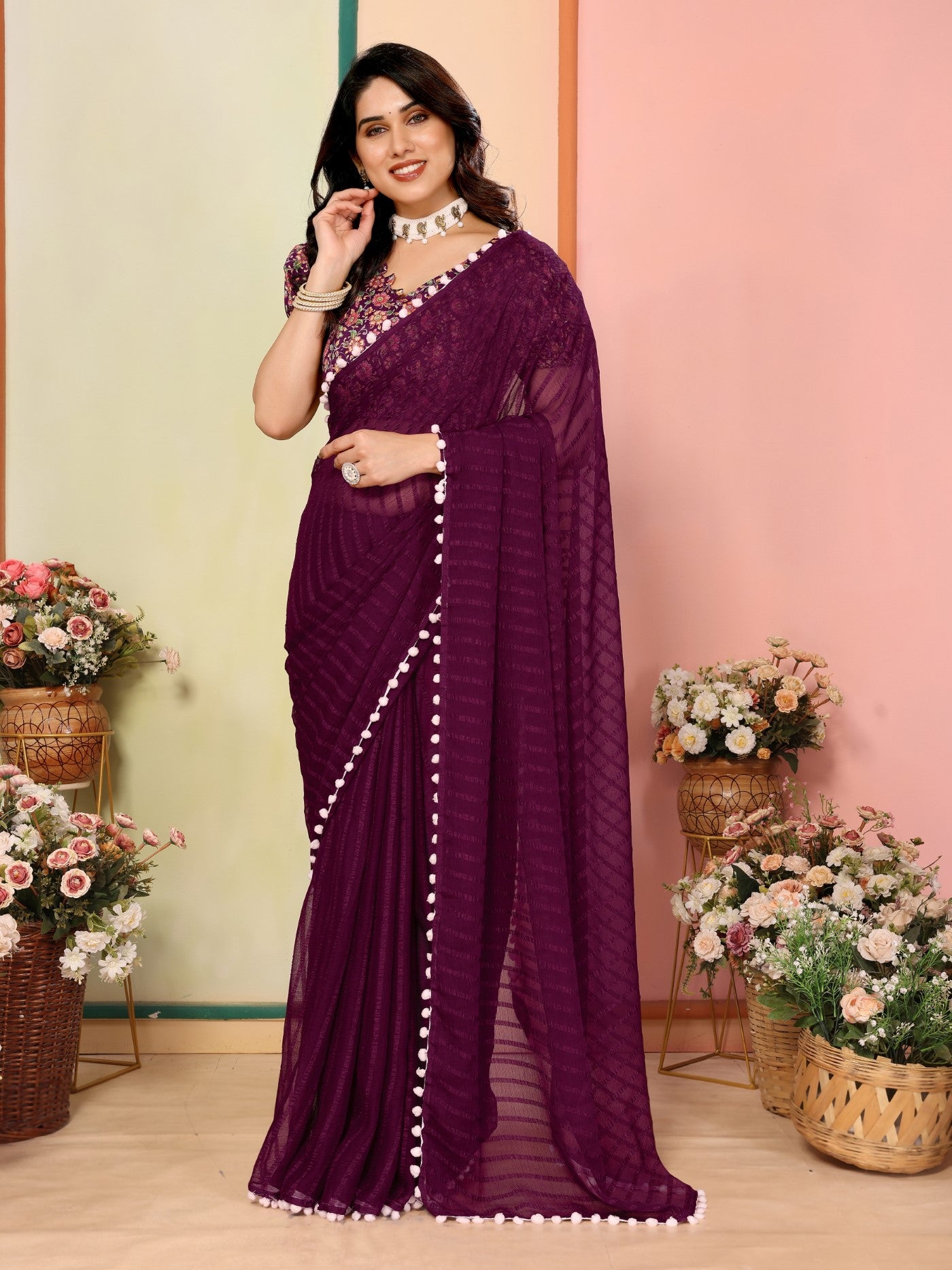 Purple Georgette Patta Saree With Plain Saree With Digital Print Blouse