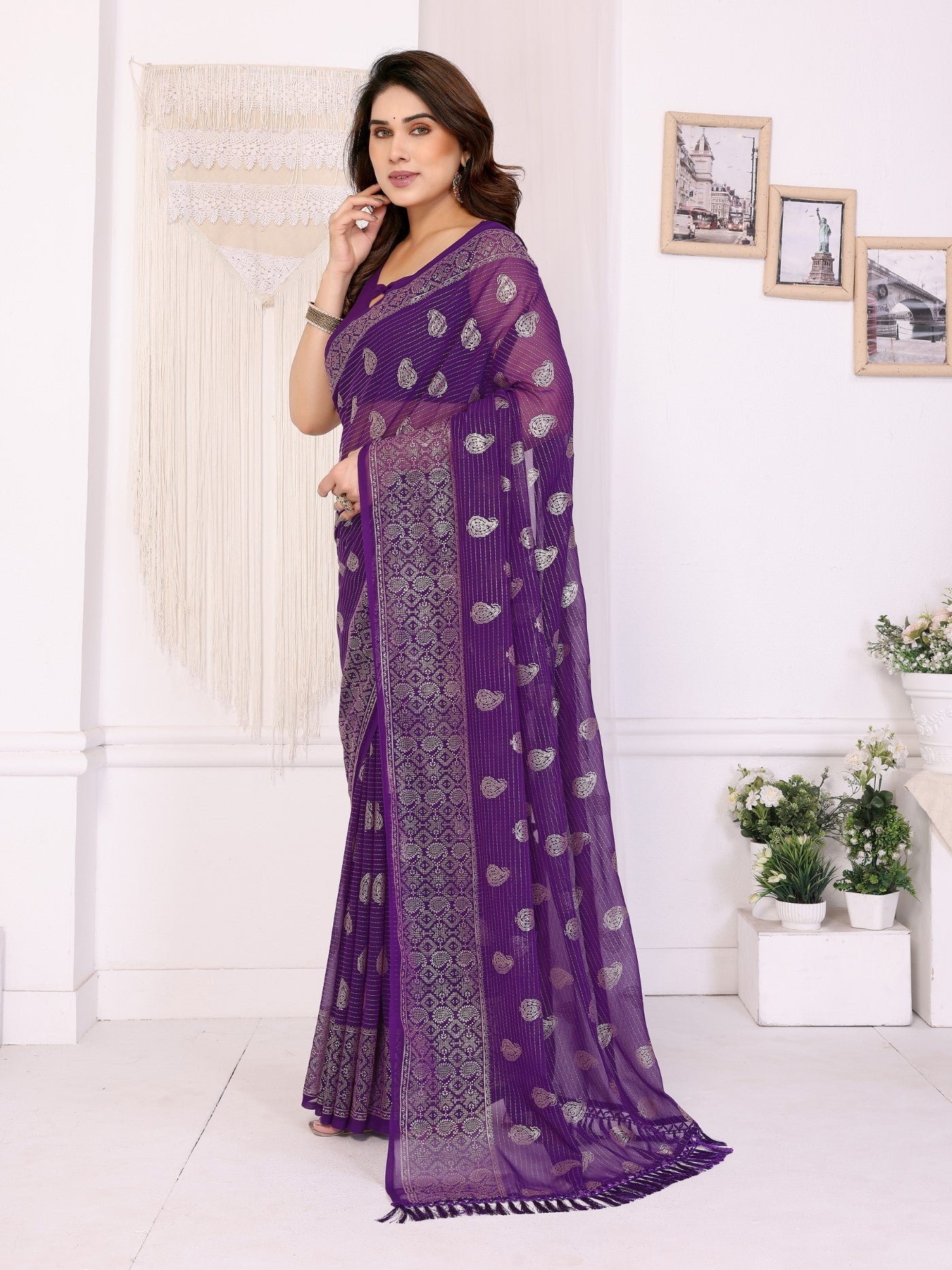 Purple Georgette Saree With Foil Work And Designer Lace Border