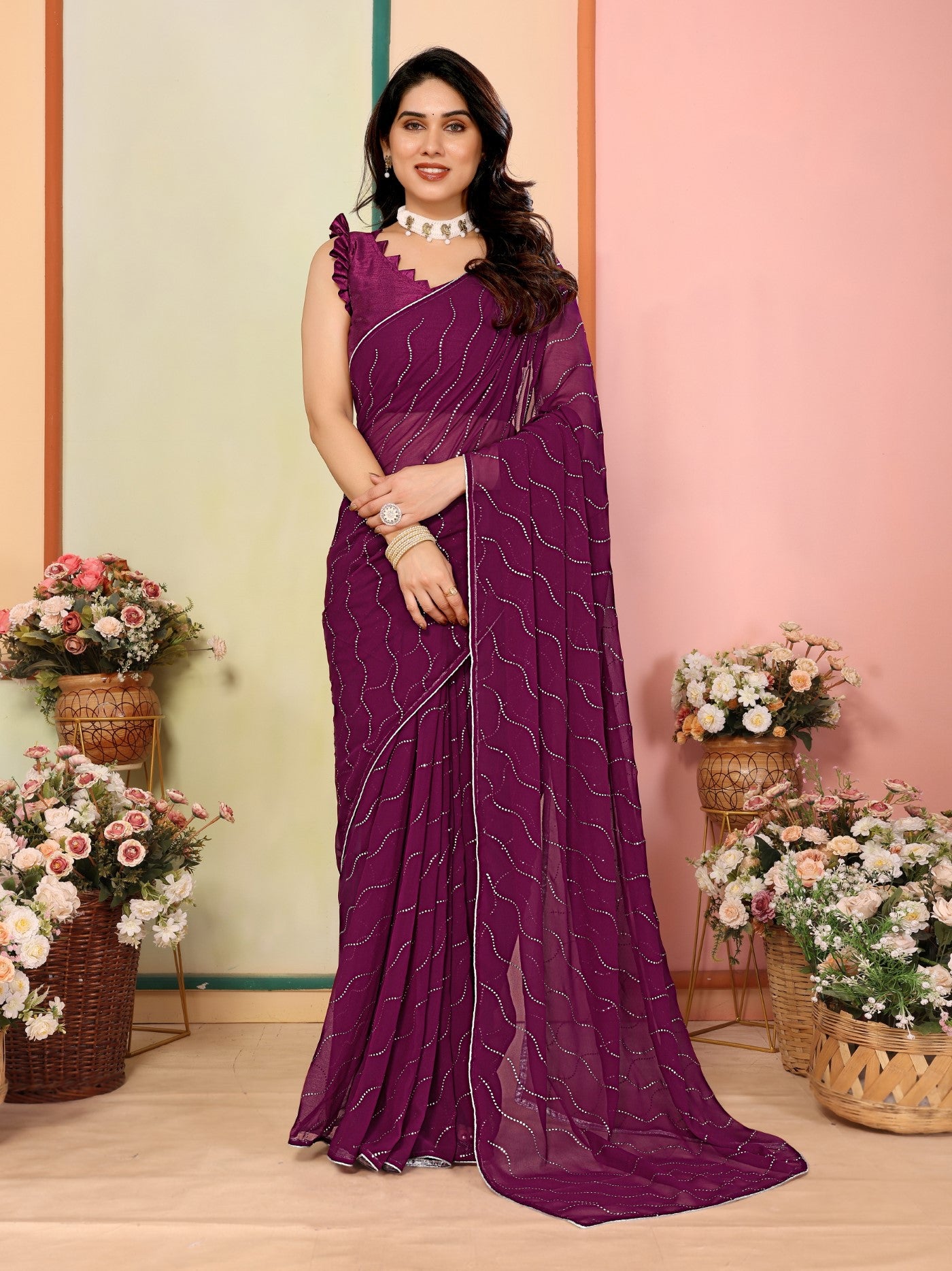 Purple Georgette Saree With Mukesh Work Saree