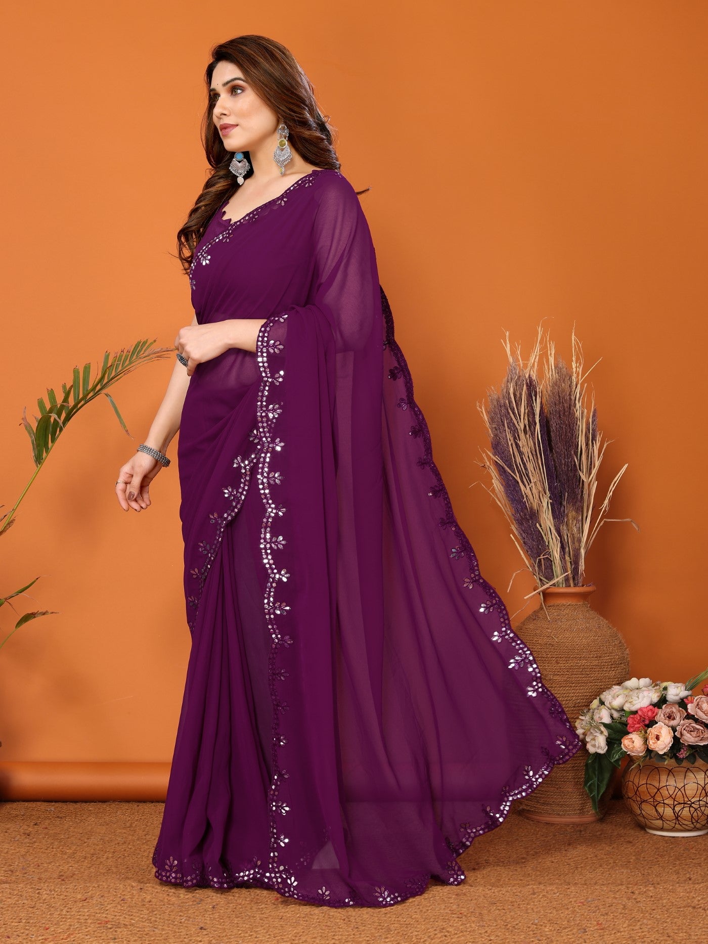 Purple Georgette Saree with Mirror Work