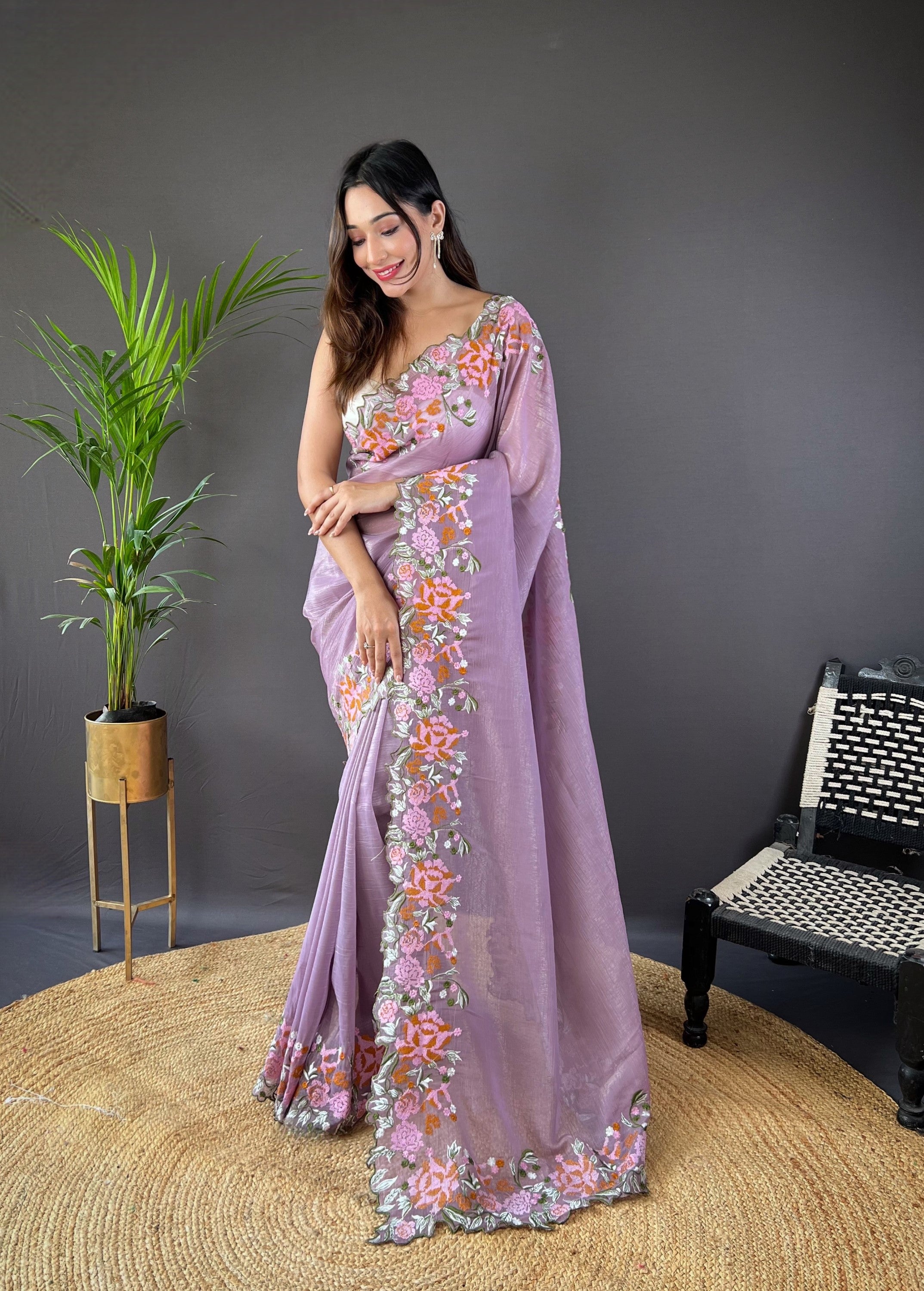 Purple Glossy Silk Cross Stich Embroidery Cut Work Adorable Partywear Girlie Saree