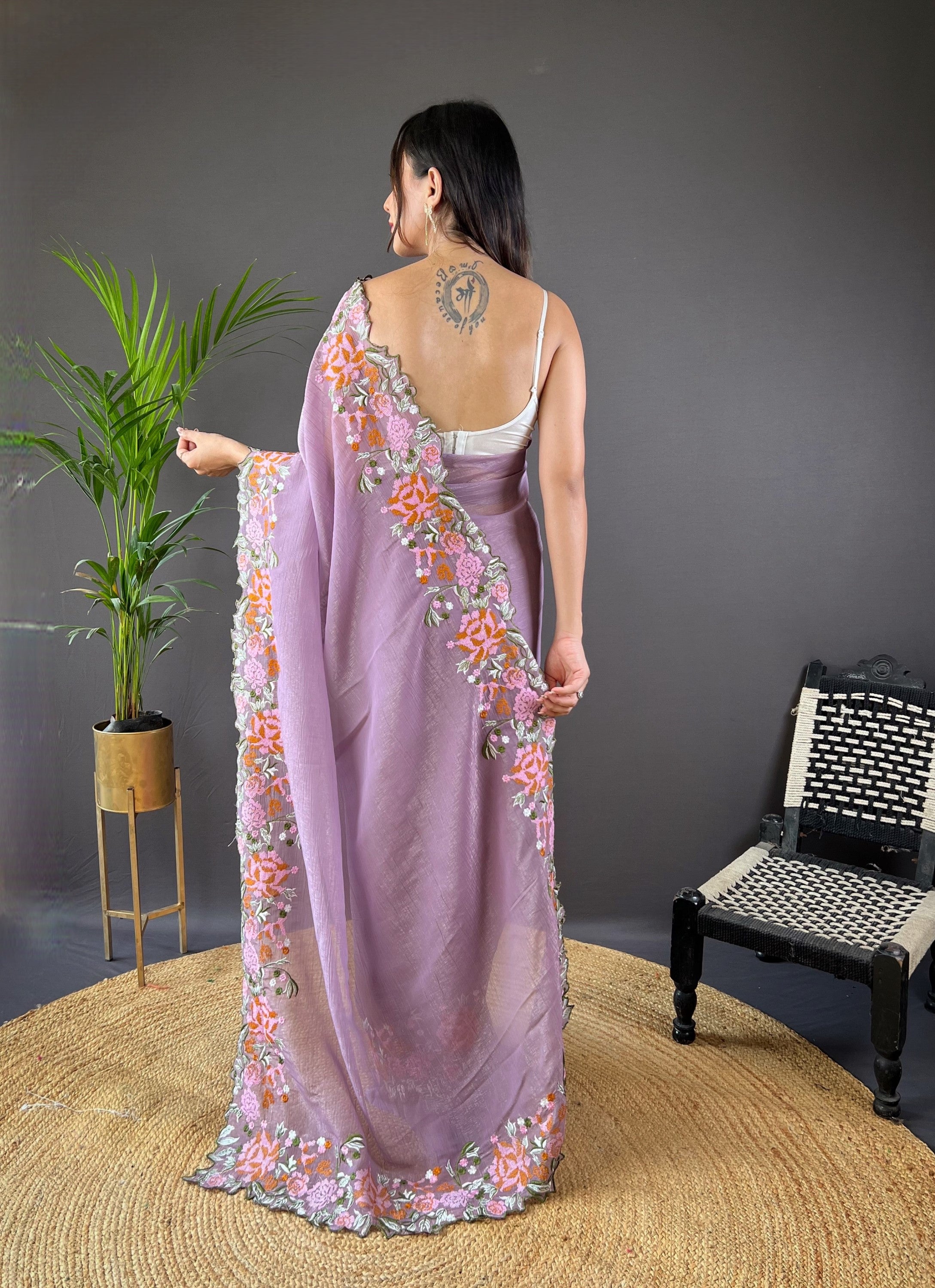 Purple Glossy Silk Cross Stich Embroidery Cut Work Adorable Partywear Girlie Saree