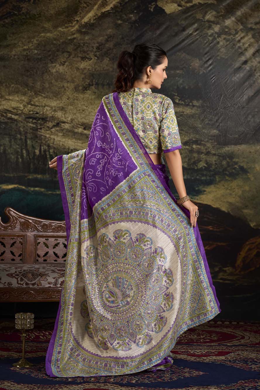 Purple Green Silk Saree with Madhubani & Bandhej Magic