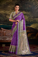 Purple Green Silk Saree with Madhubani & Bandhej Magic