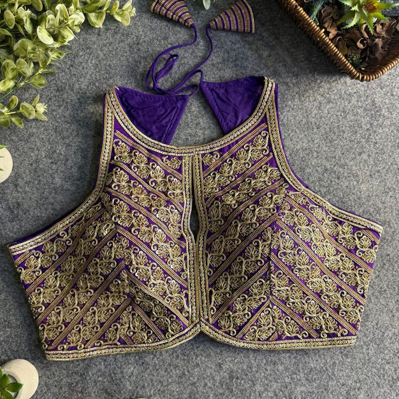 Purple Halter Neck Partywear Blouse in Roman Silk with Embroidery & Sequins Work