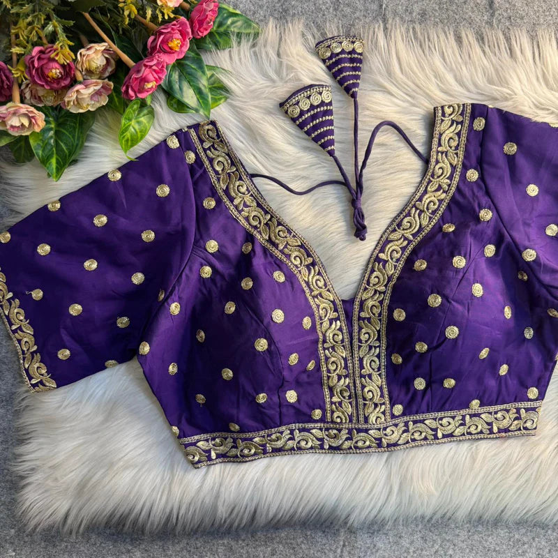 Purple Heavy Embroidery Work Partywear Blouse in Roman Silk with Embroidery & Sequins
