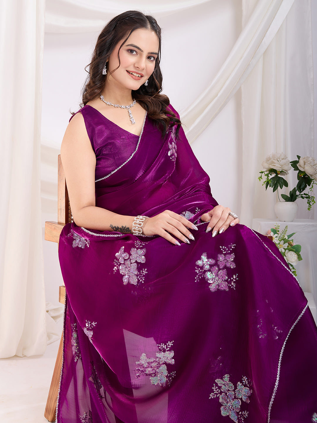 Purple Jimmi Choo Sequins Embroidery Work Ethnic Party Saree