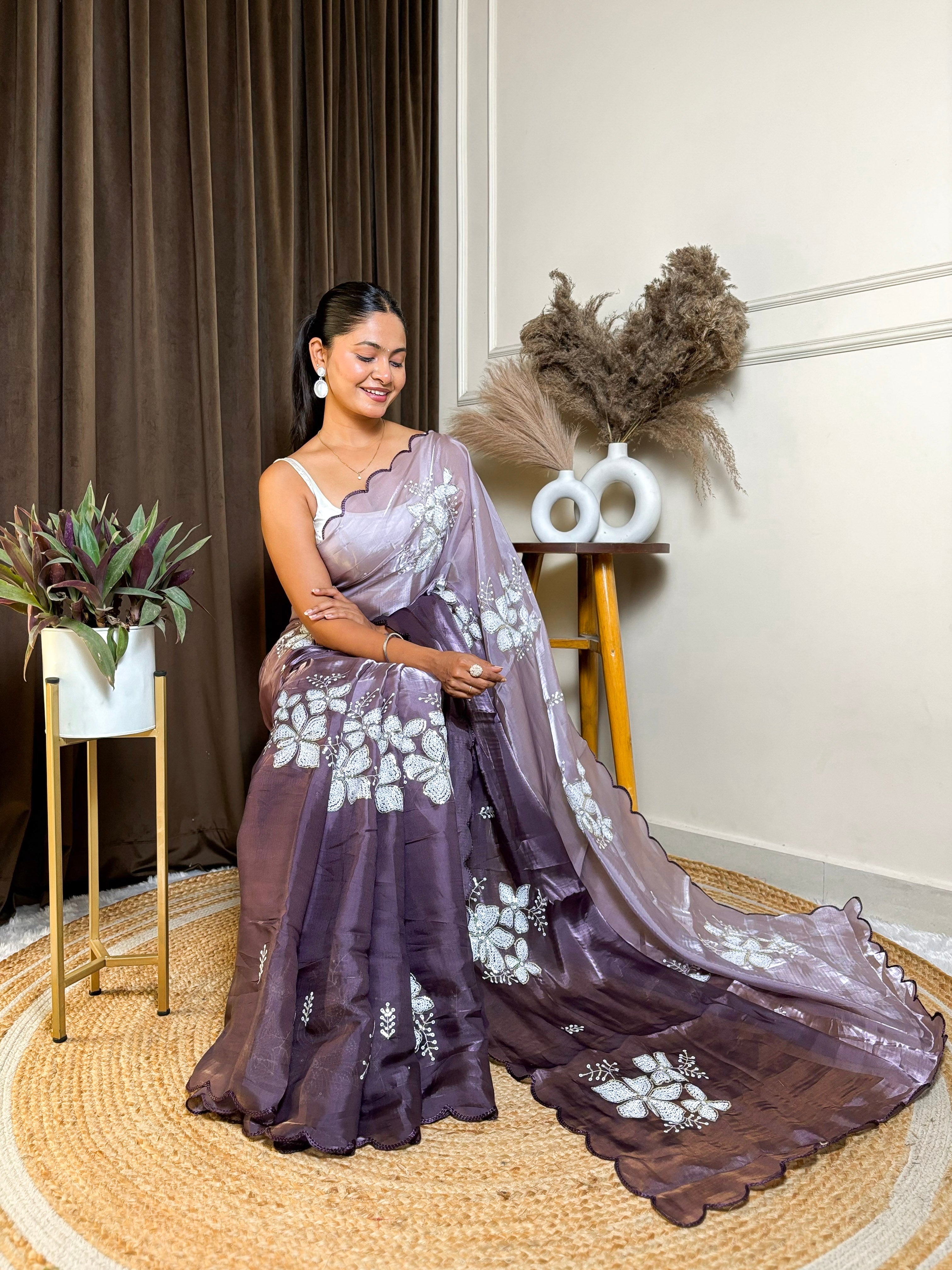 Purple Jimmy Choo Beautiful Sequins Embroidery Work Bollywood Saree
