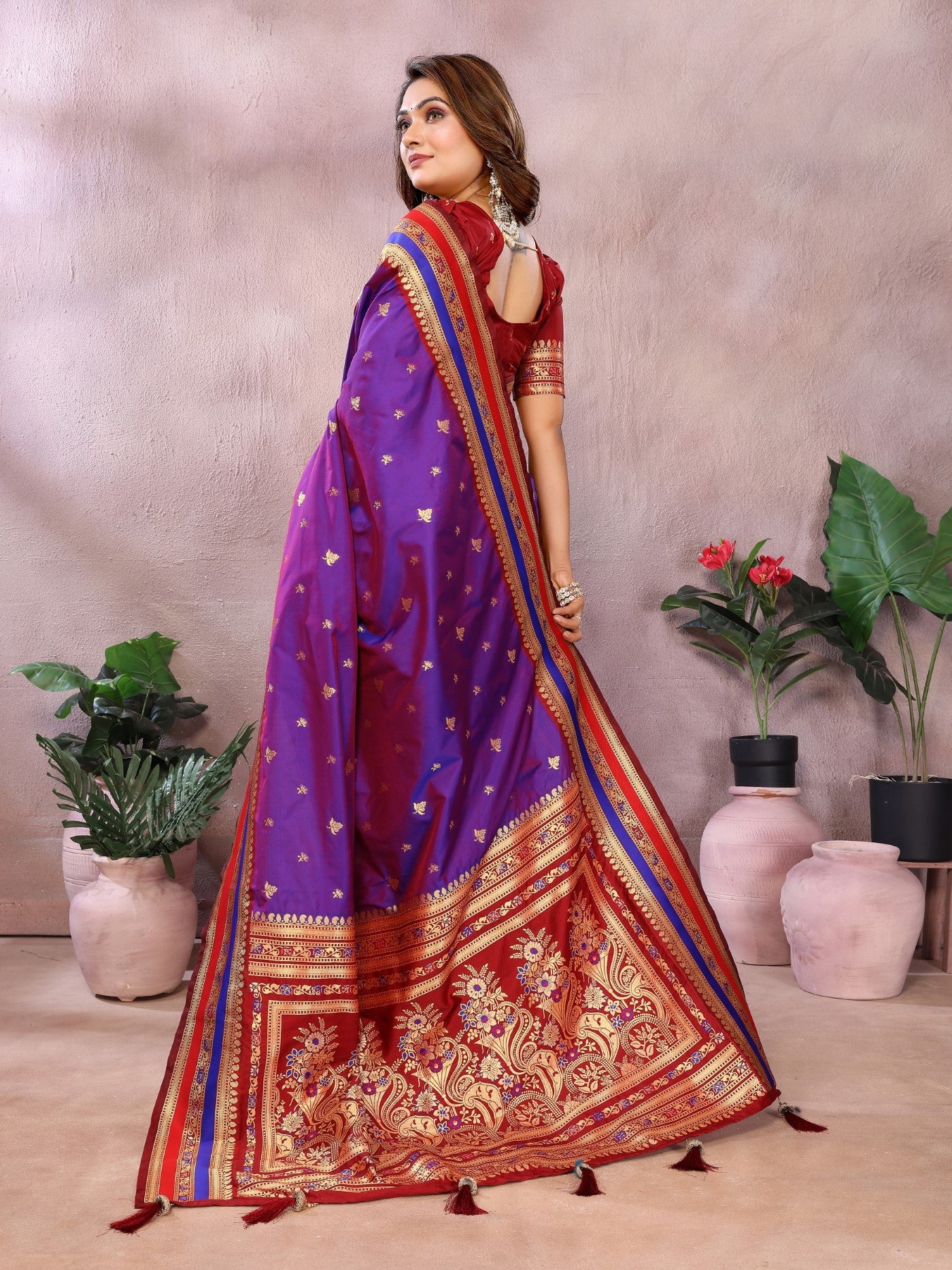 Purple Kalamkari Silk Saree With Traditional Weaving