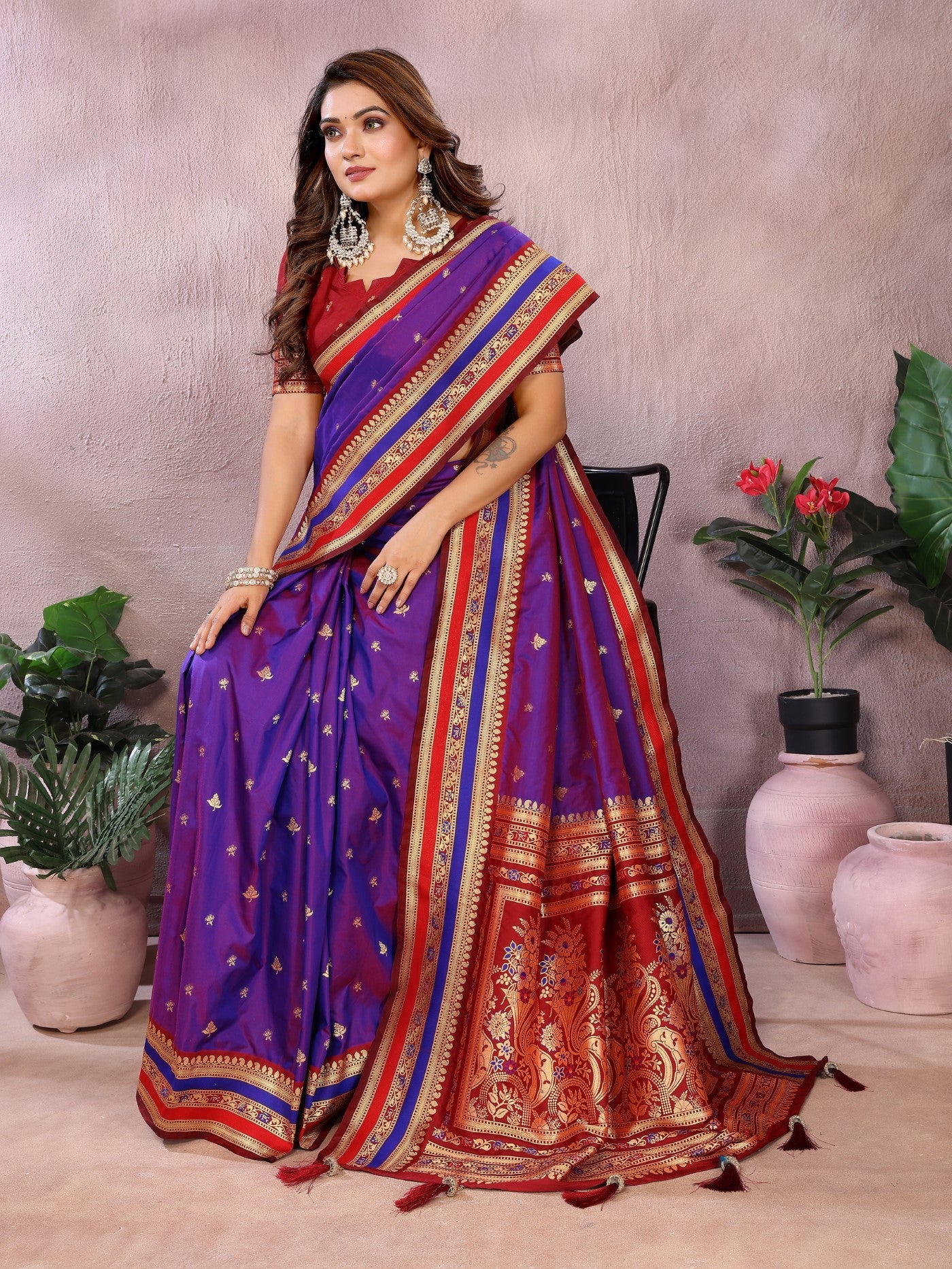 Purple Kalamkari Silk Saree With Traditional Weaving