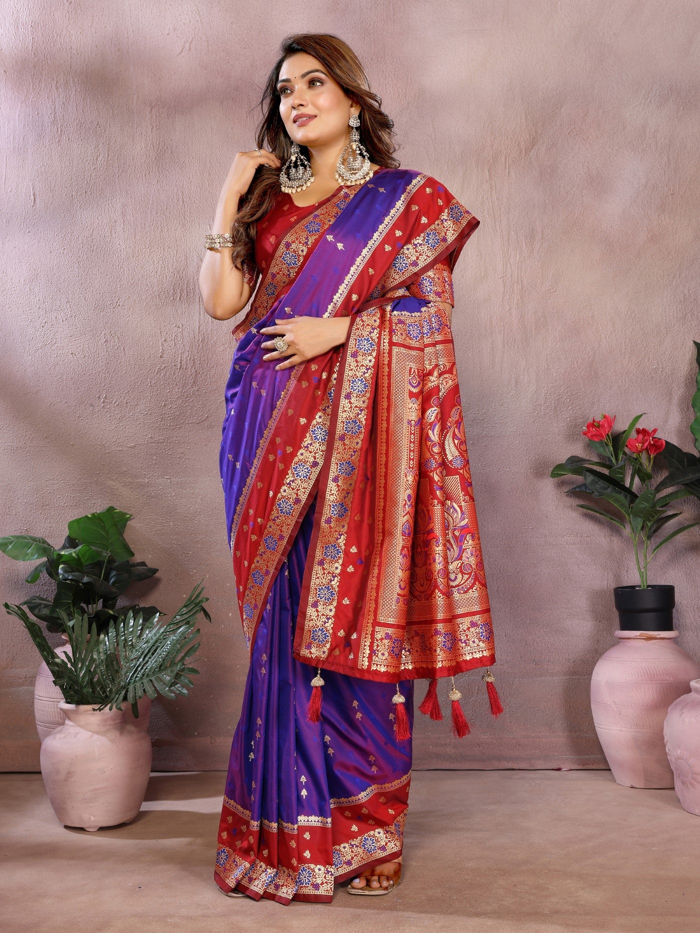 Purple Kalamkari Silk Saree With Zari Woven