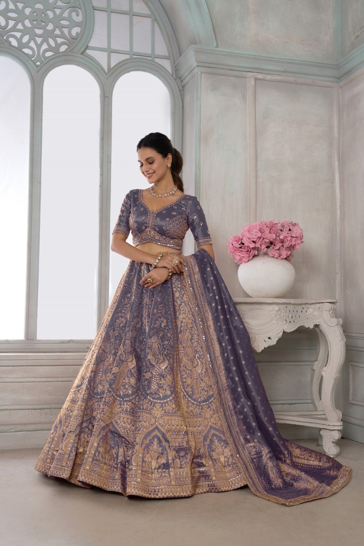 Purple Kanjivaram Tissue Jari Bridal Lehenga Choli with Beadwork
