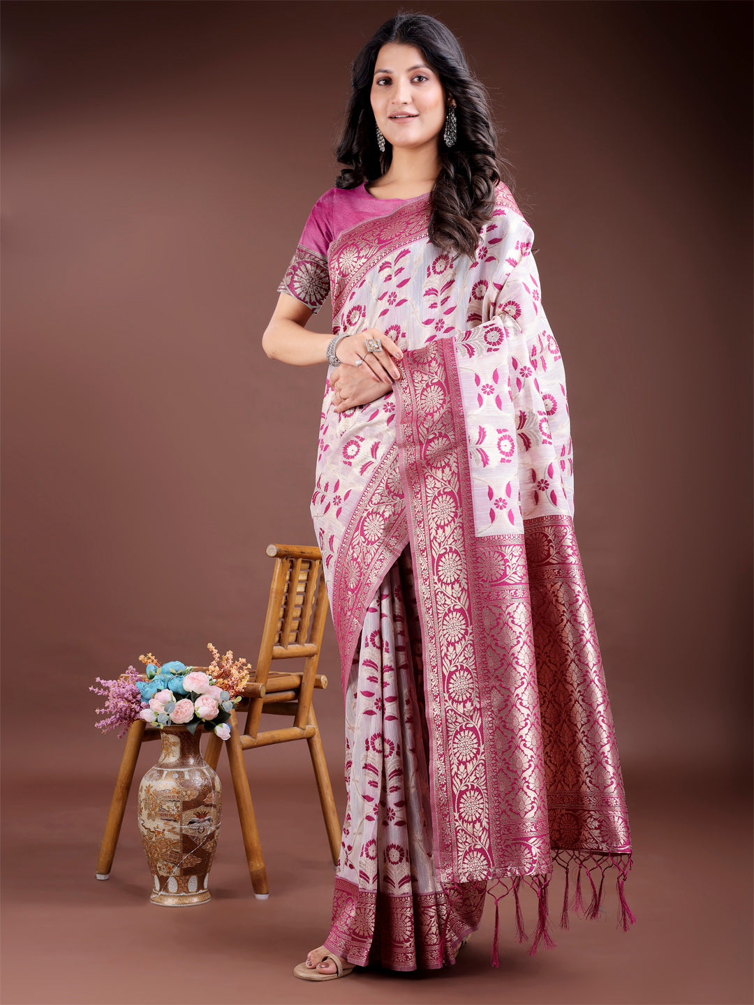 Purple Linen Cotton Woven Jacquard Designer Beautiful Festive Saree
