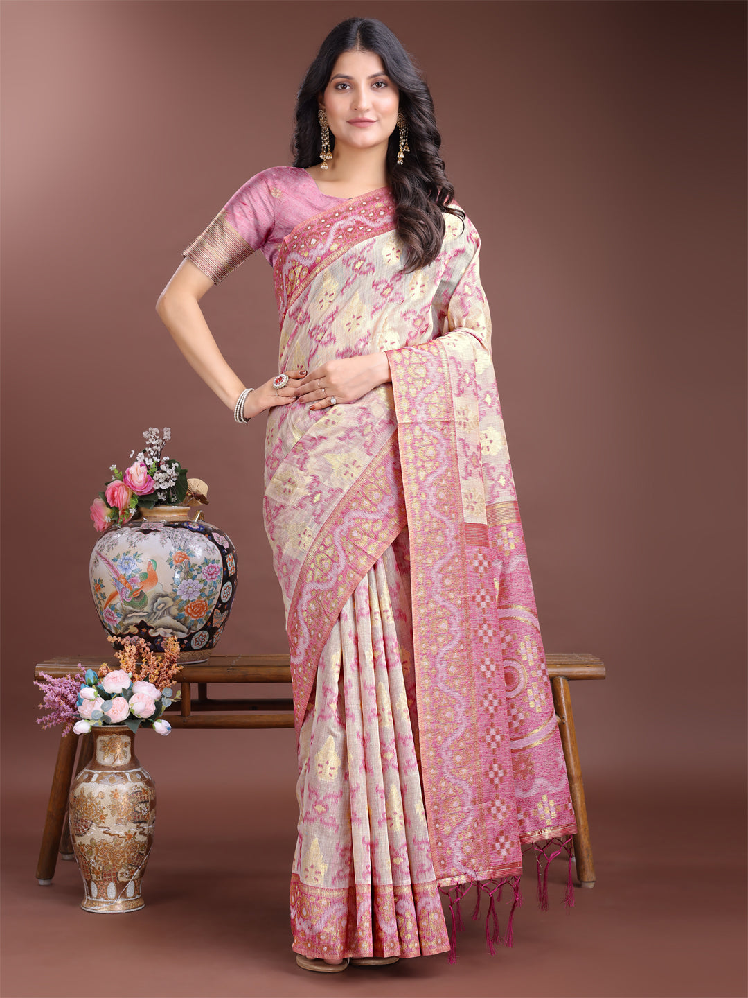 Purple Linen Cotton Woven Jacquard Designer Beautiful Traditional Saree