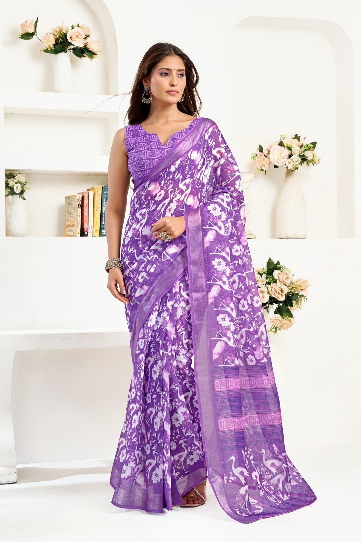 Purple Linen Ready To Wear Saree With Zari Border Printed