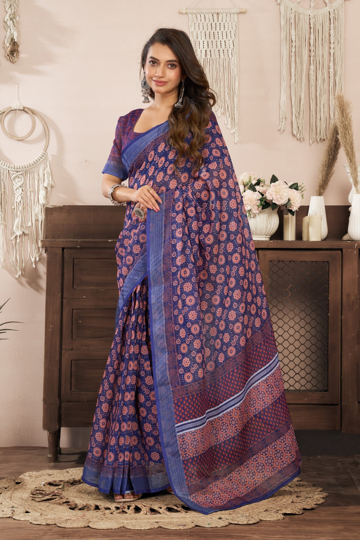 Purple Linen Ready To Wear Saree With Zari Border Printed