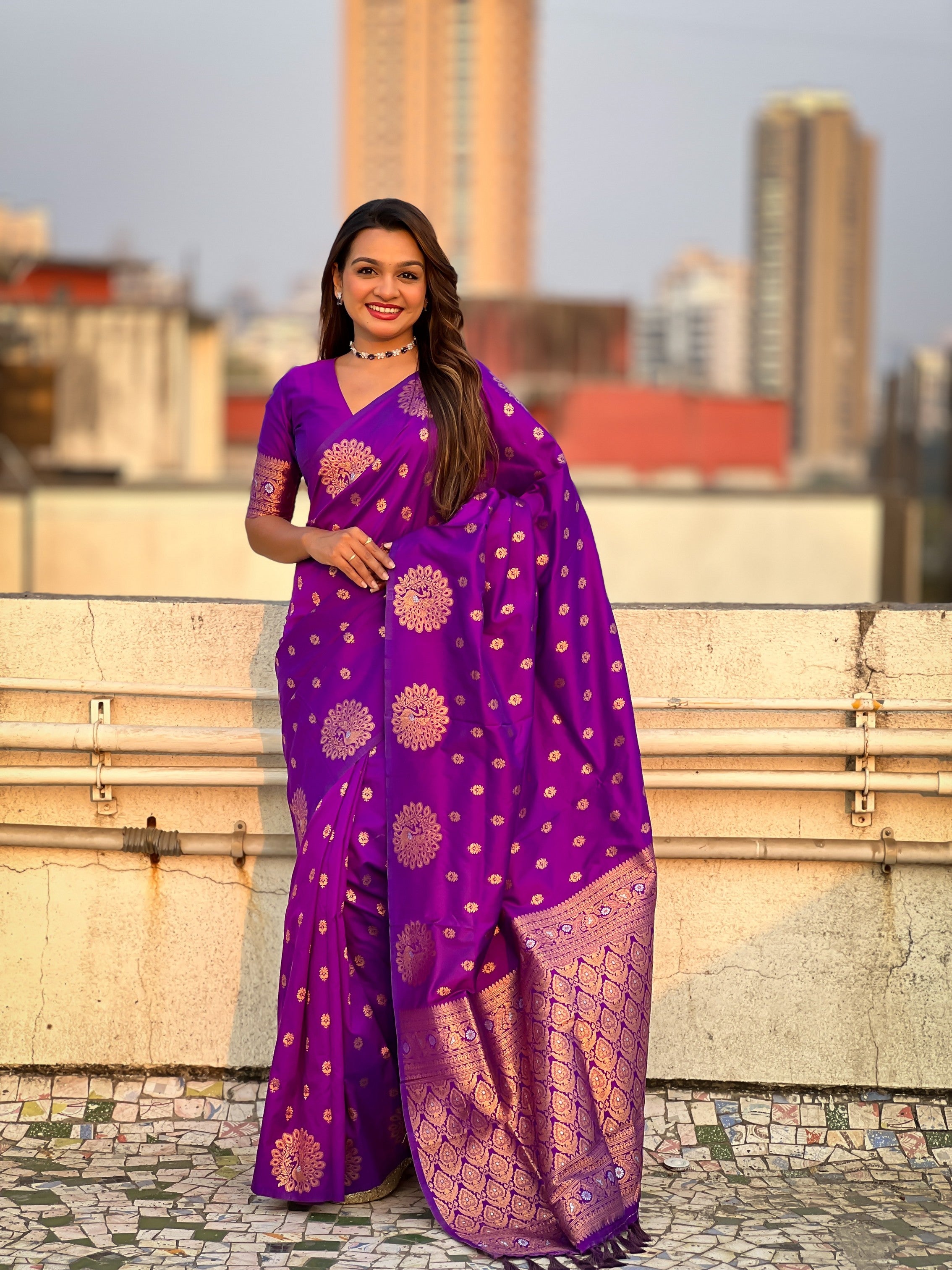 Purple Moonga Silk Woven Dual Jari Peacock Designer Heavy Festive Wear Saree